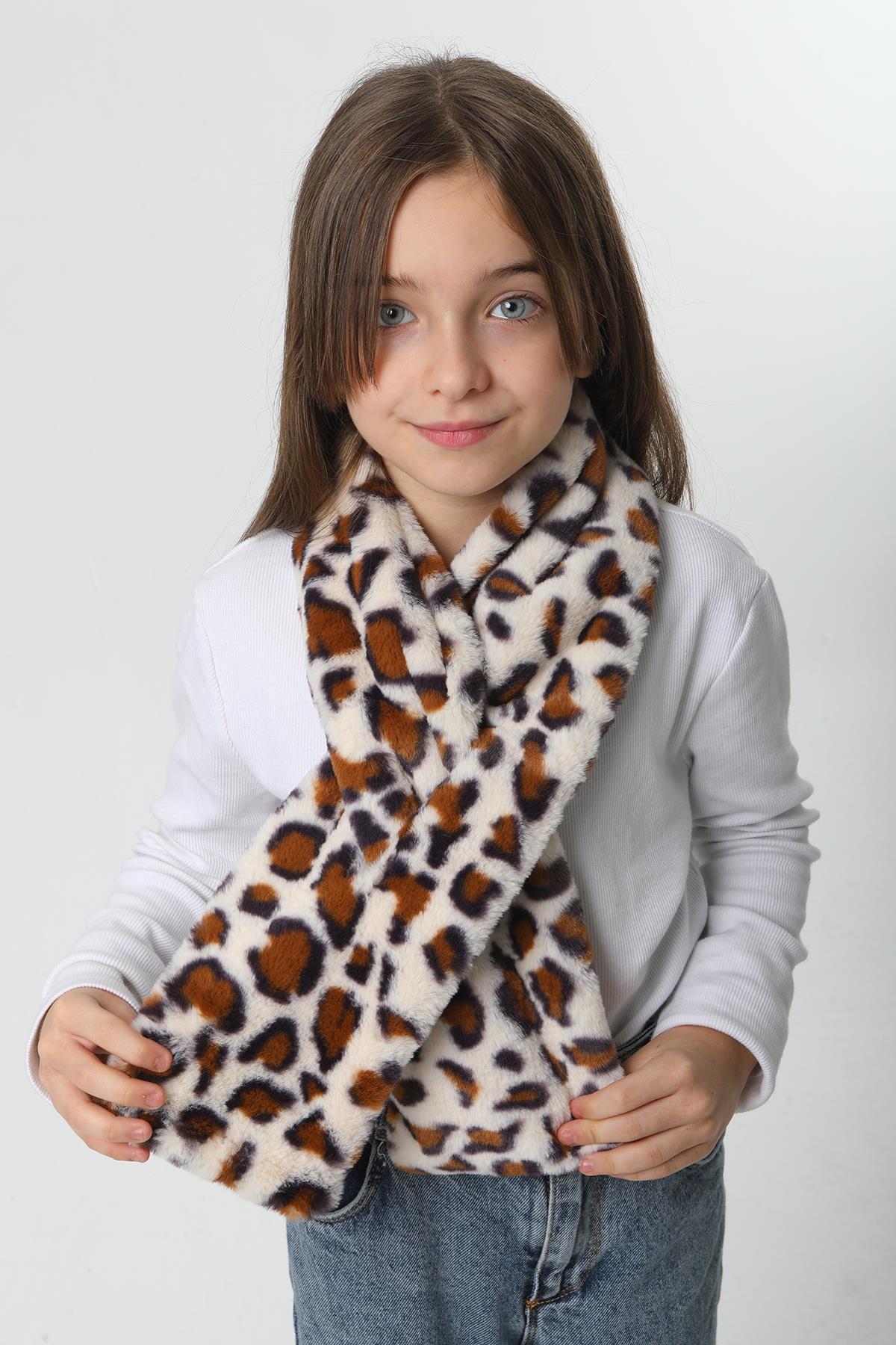 Çocuk Peluş Kaşkol Boyunluk Atkı RKB-Ç-01 Ekru Leopar 3