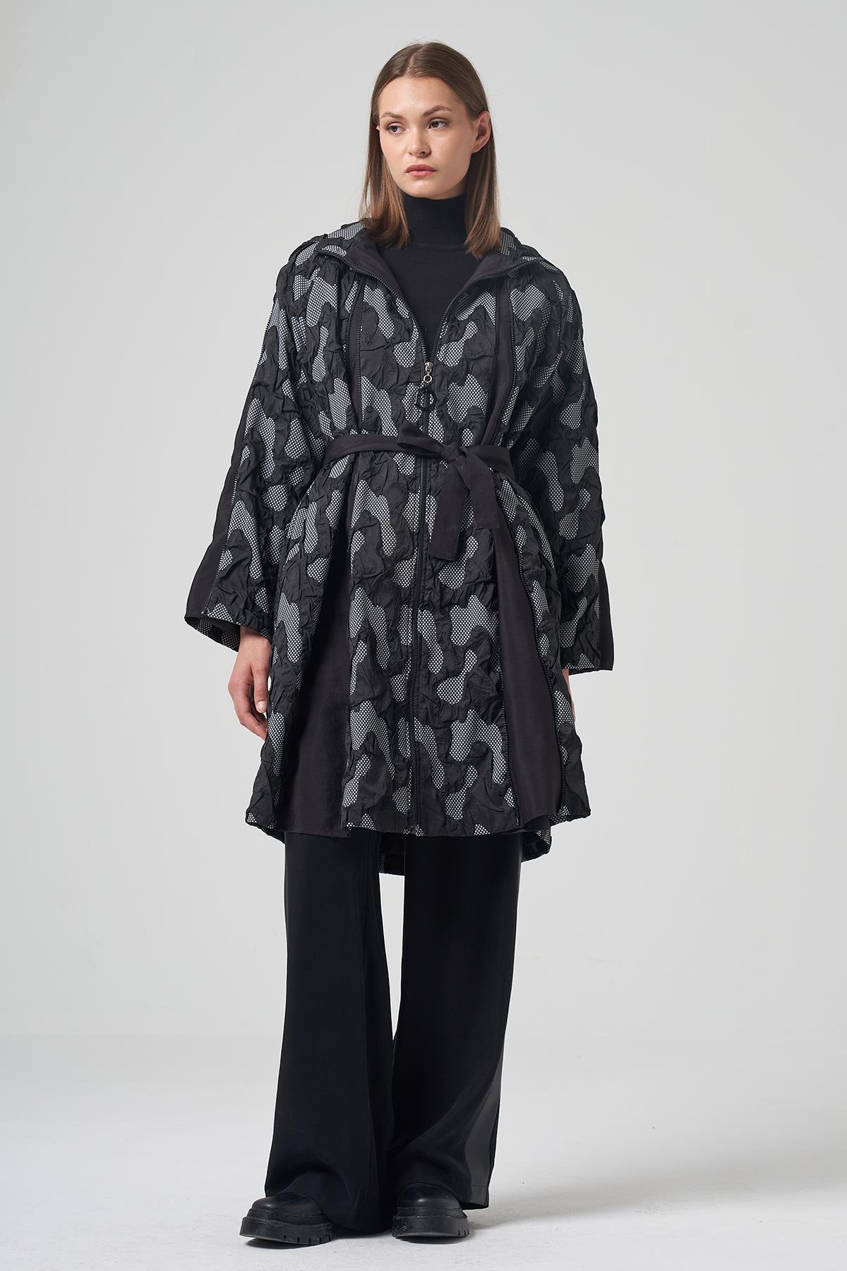 Çok Fermuarlı Kamuflaj Desen Kap Ceket 6859 Siyah