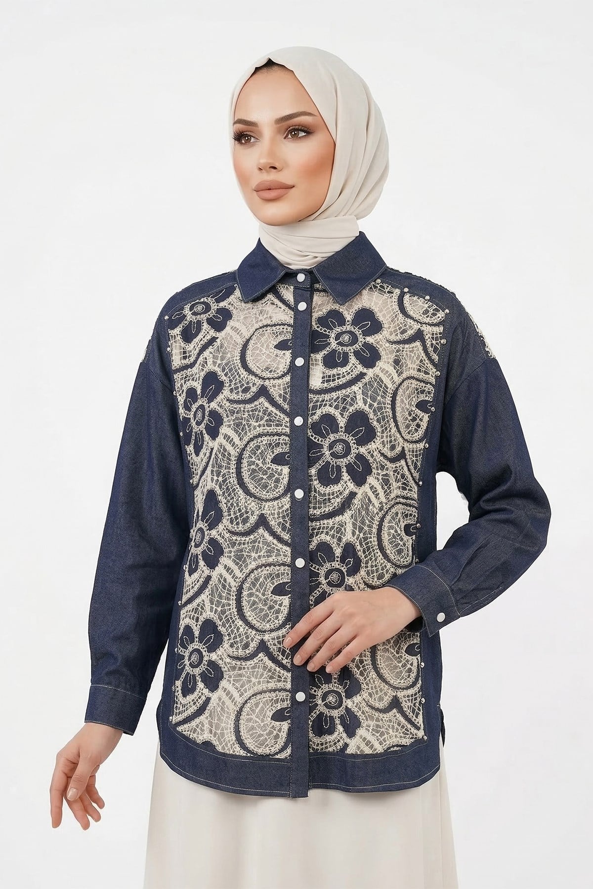 Dantel Detay Önü Çıtçıtlı Gömlek 128 Denim