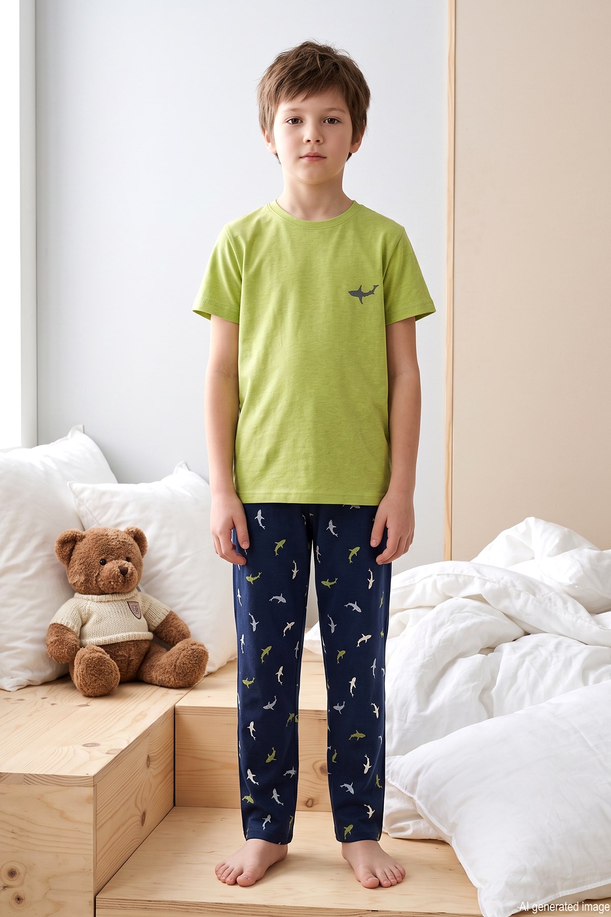 Desenli Erkek Çocuk Süprem Pamuklu Pijama Takımı 260382 Fıstık Yeşil