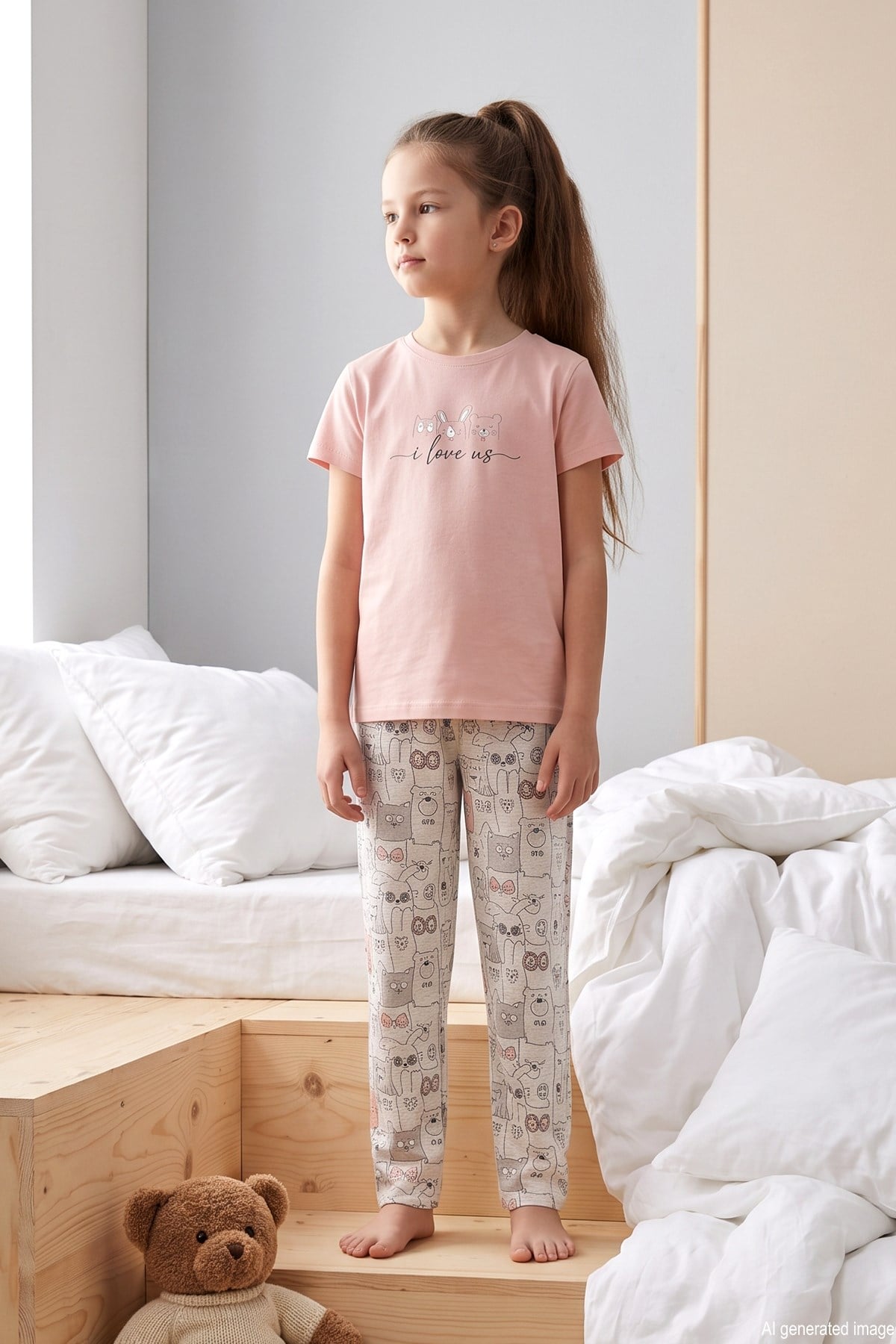 Desenli Kız Çocuk Süprem Pamuklu Pijama Takımı 260285