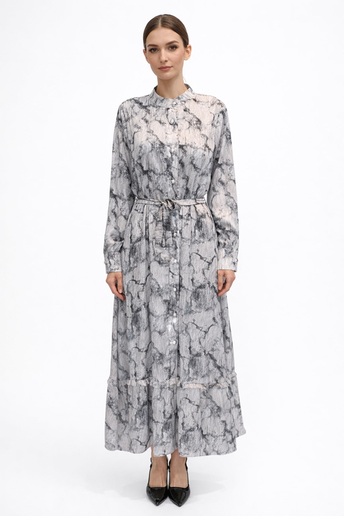 Desenli Saten Elbise 13257 Siyah