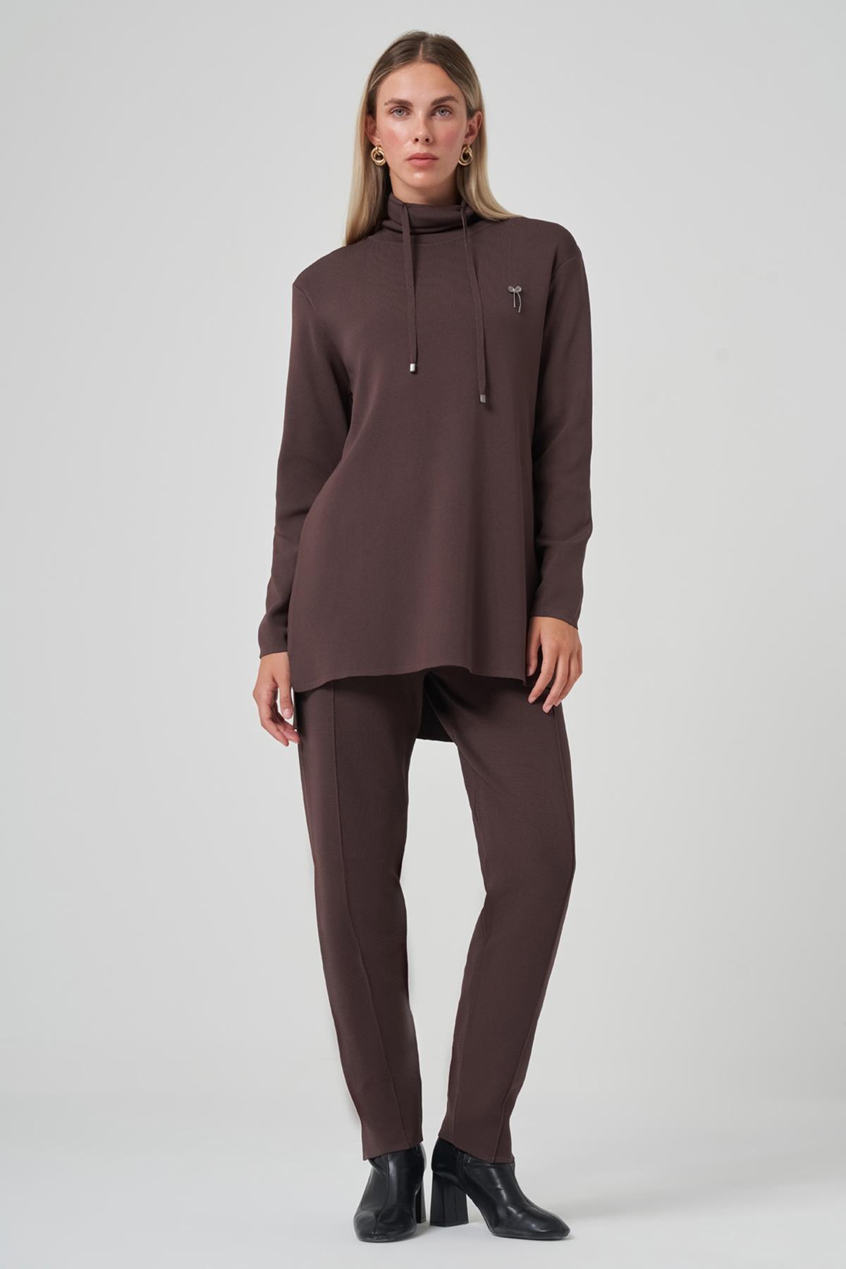 Dik Yaka Sweat Pantolon Triko Takım 1353 Kahverengi