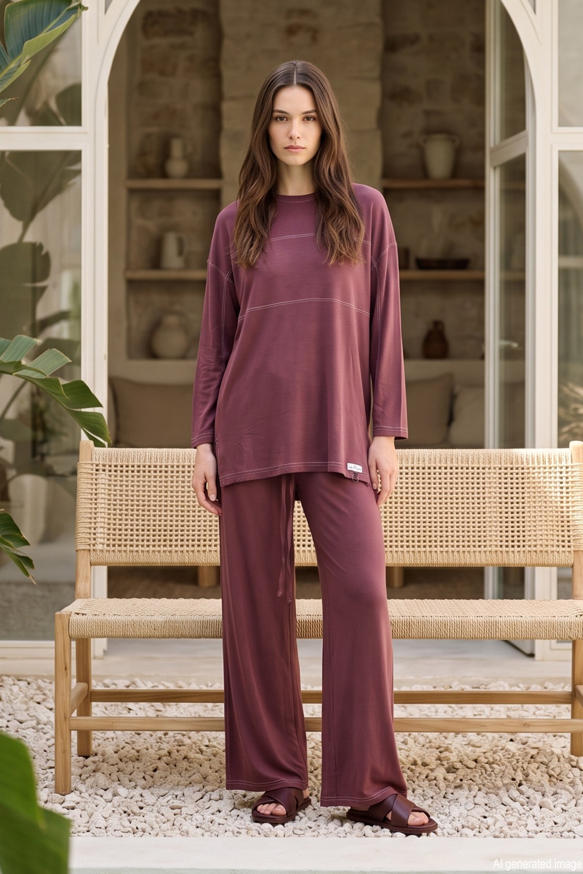 Dikiş ve Etiket Detaylı Pantolonlu Takım 26228 Mürdüm