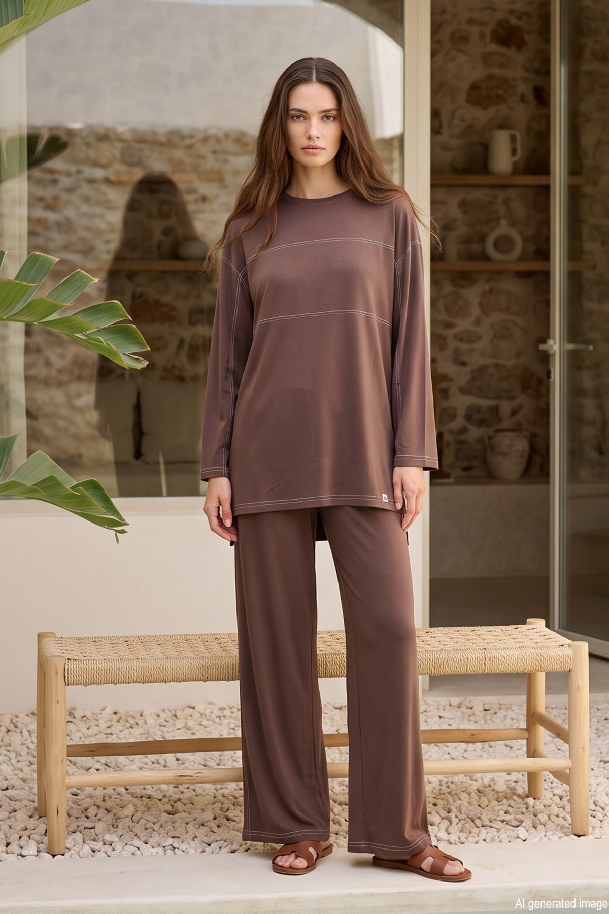 Dikiş ve Etiket Detaylı Pantolonlu Takım 26228 Kahverengi