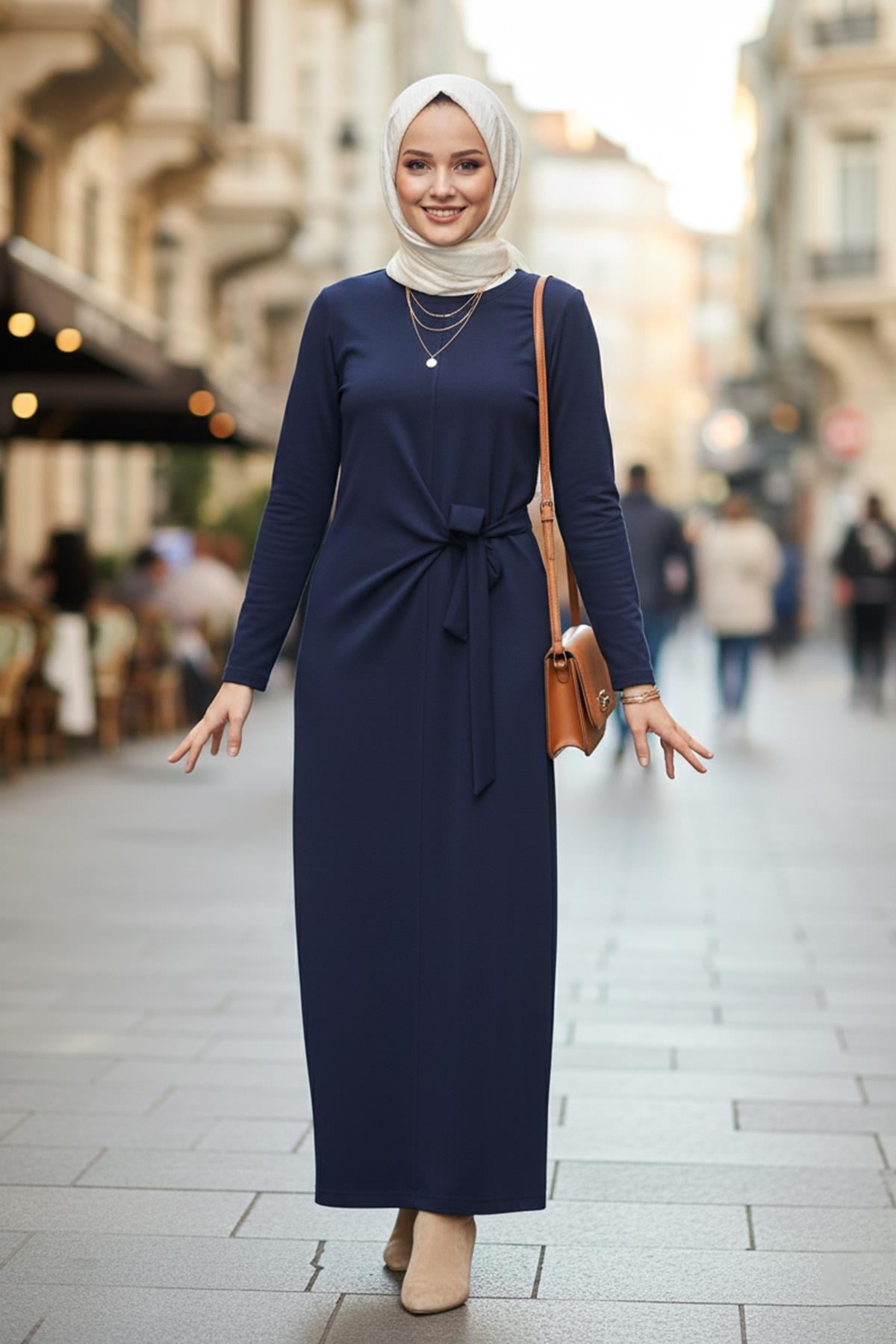 Drape Detay Pamuklu Elbise 13230 Lacivert