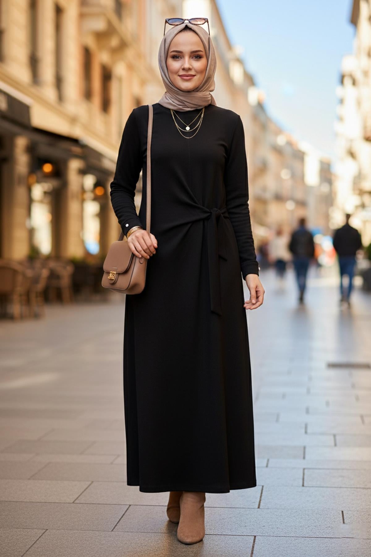 Drape Detay Pamuklu Elbise 13230 Siyah