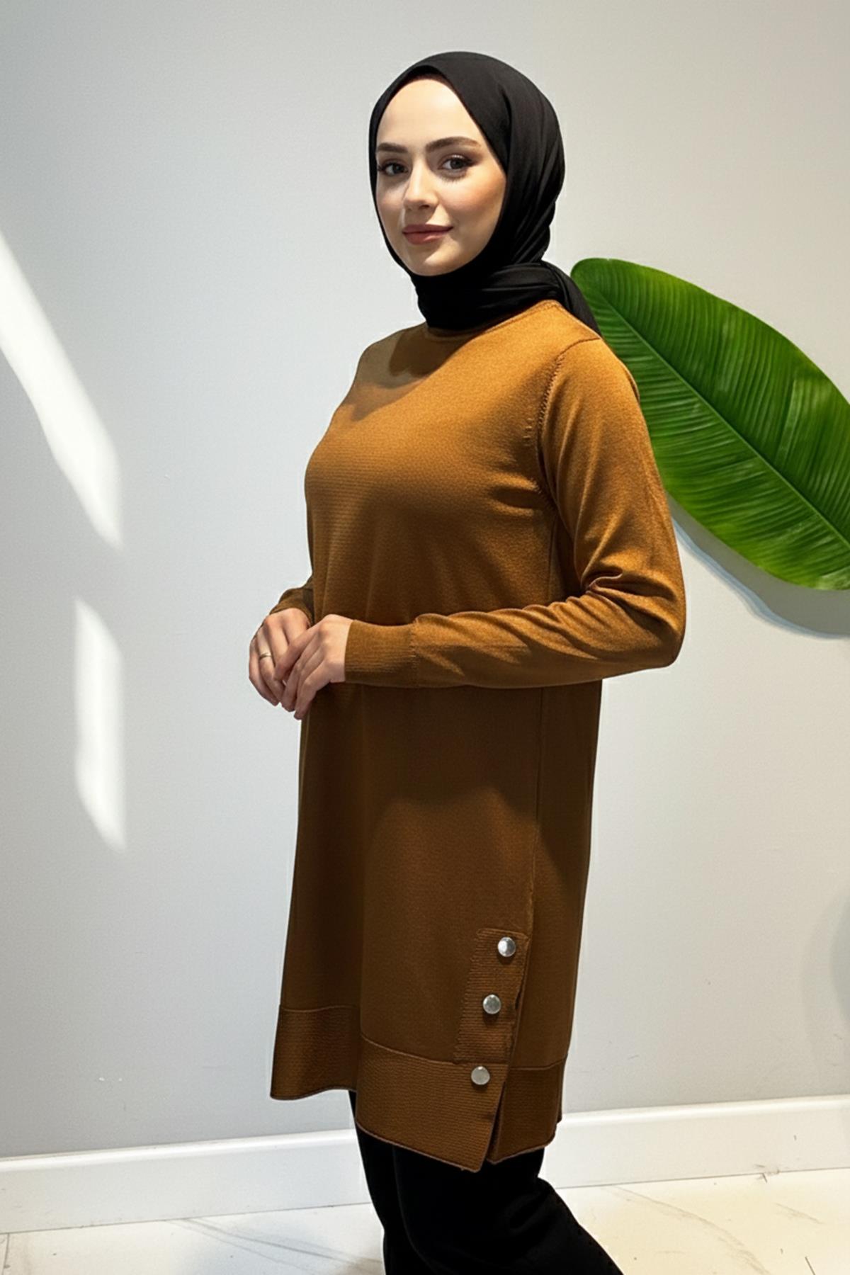 Düğme Detay Triko Tunik 34120 Kiremit