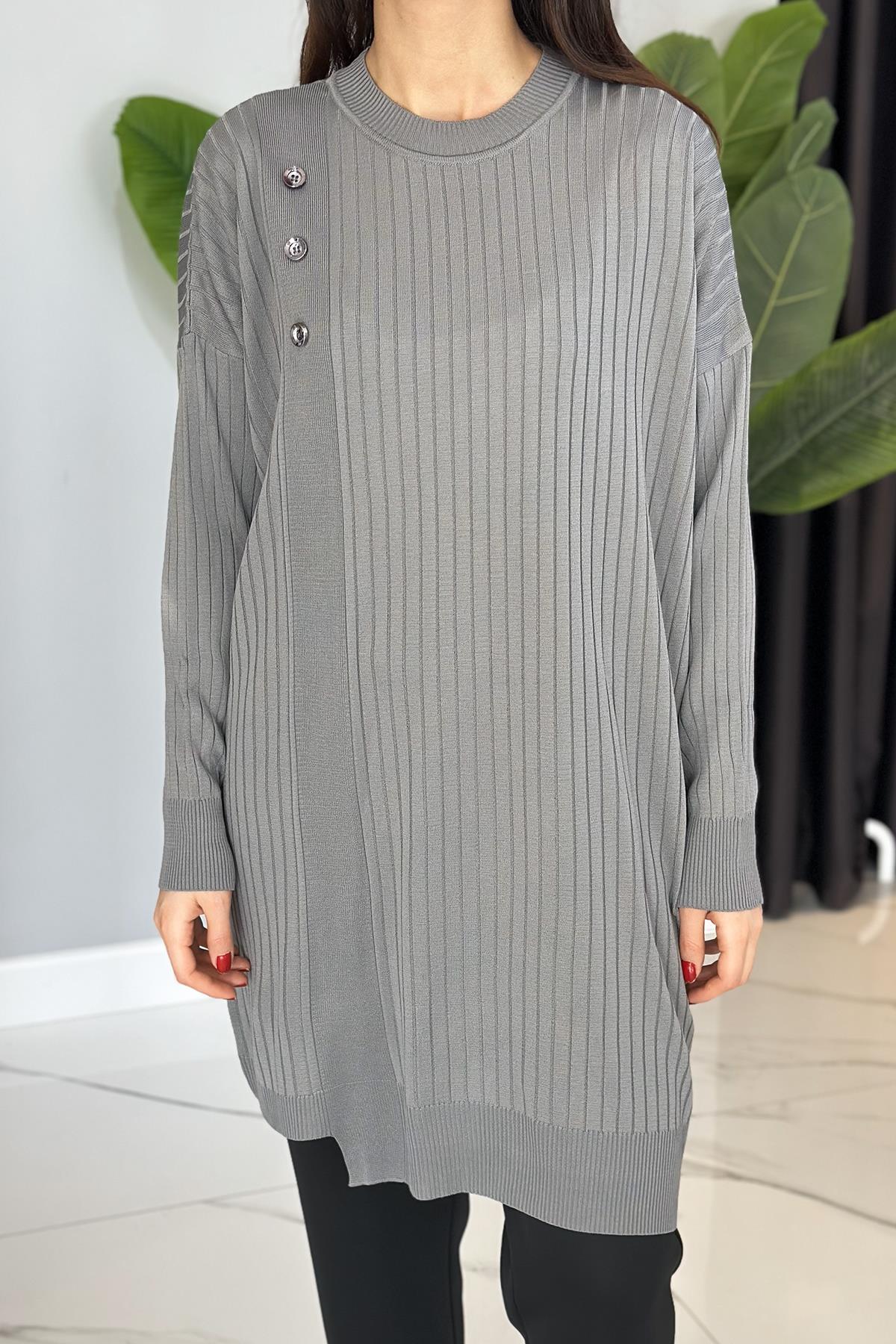 Düğme Detaylı Fitilli Triko Tunik 35044 Gri