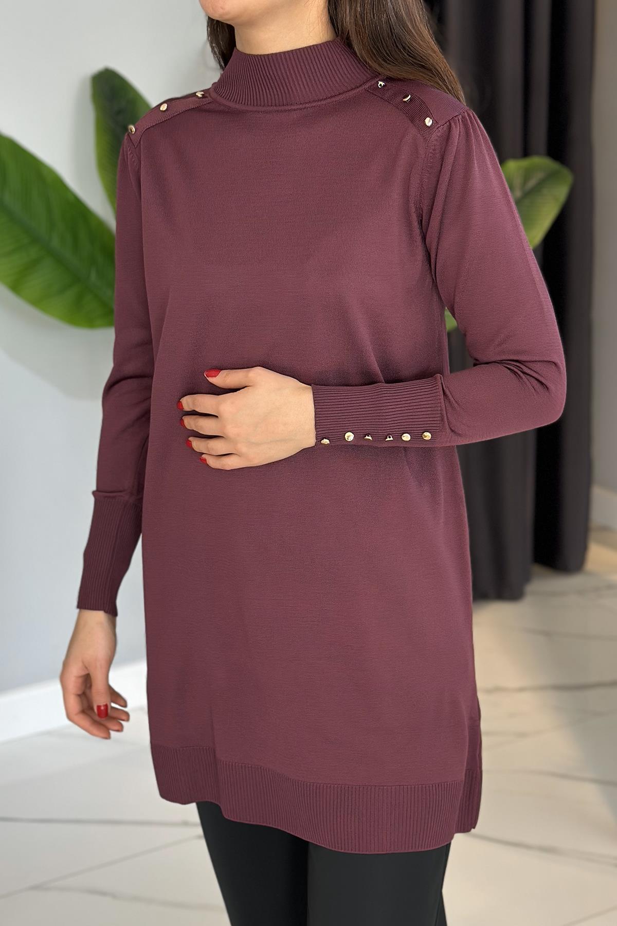 Düğme Detaylı Triko Tunik 34048 Mürdüm
