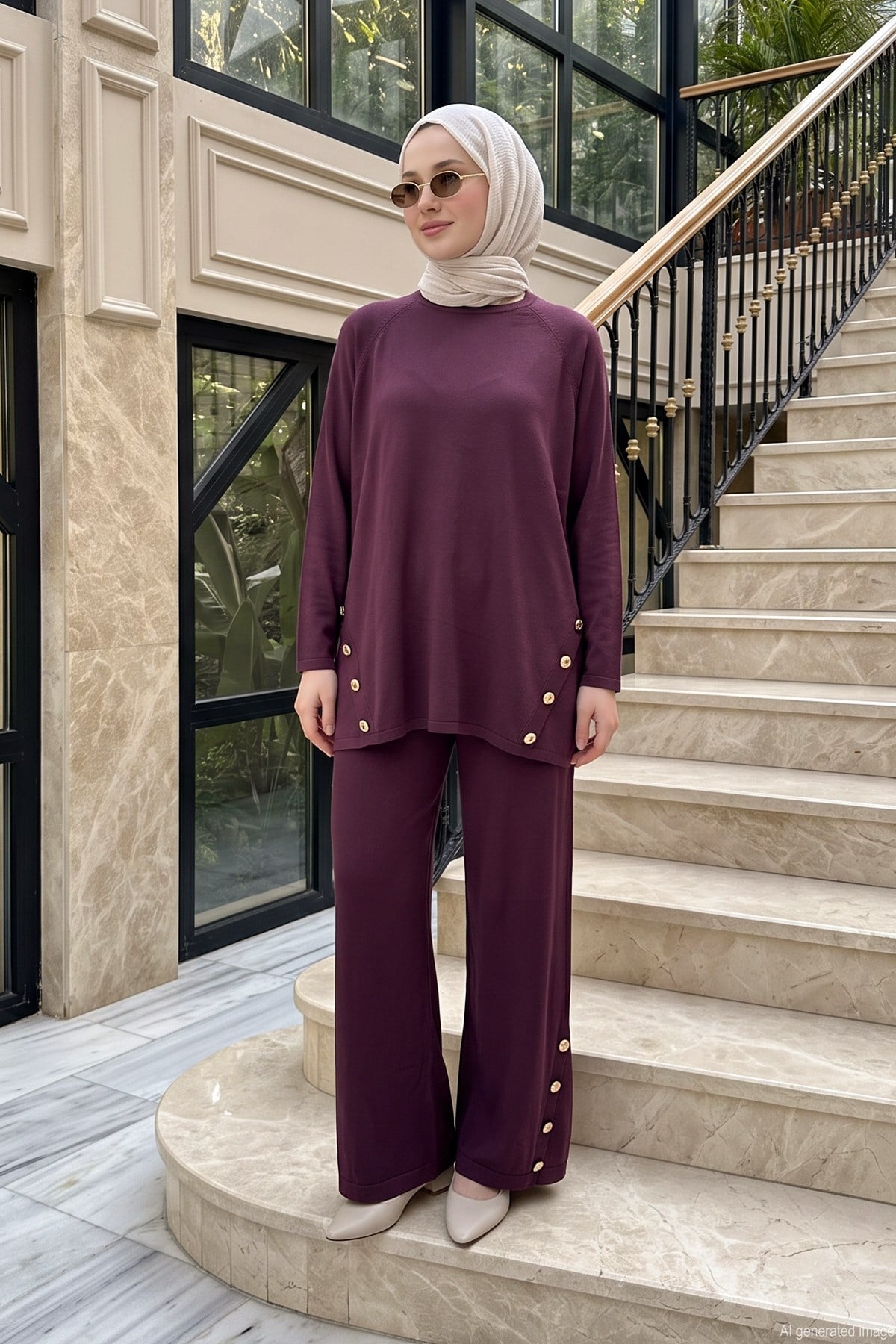 Düğme Detaylı Tunik ve Pantolon Triko Takım 706 Bordo