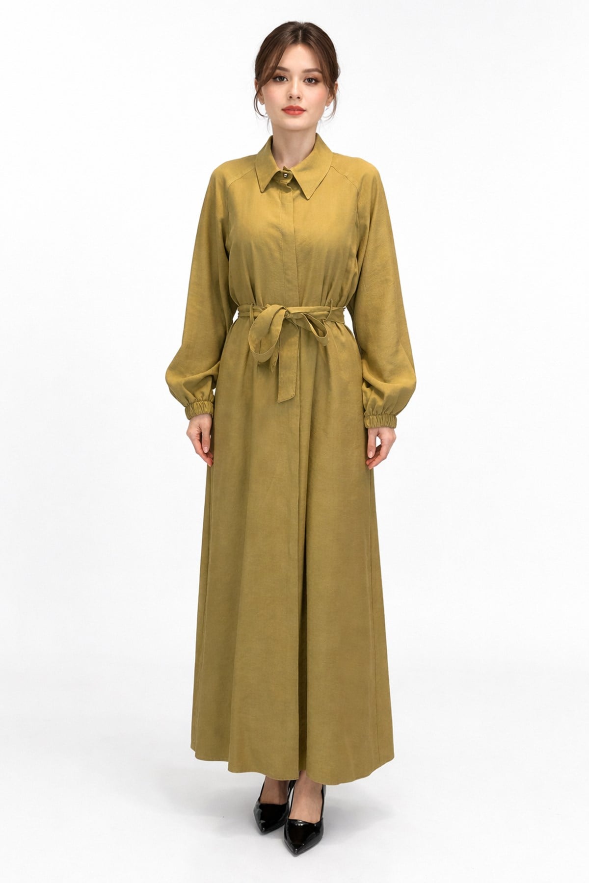 Düğmeli Modal Elbise 13249 Yeşil