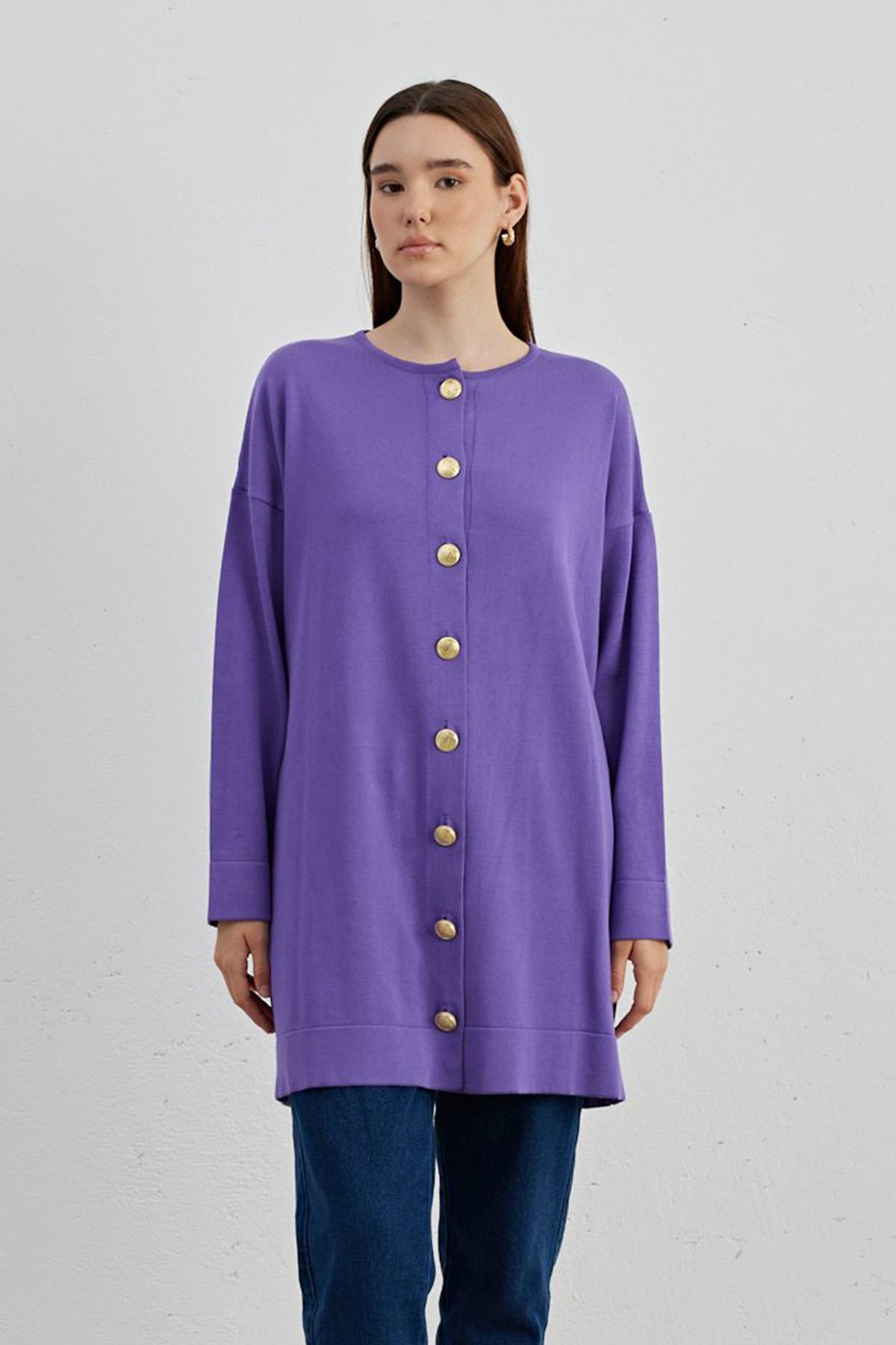 Düğmeli Triko Hırka 734 Mor
