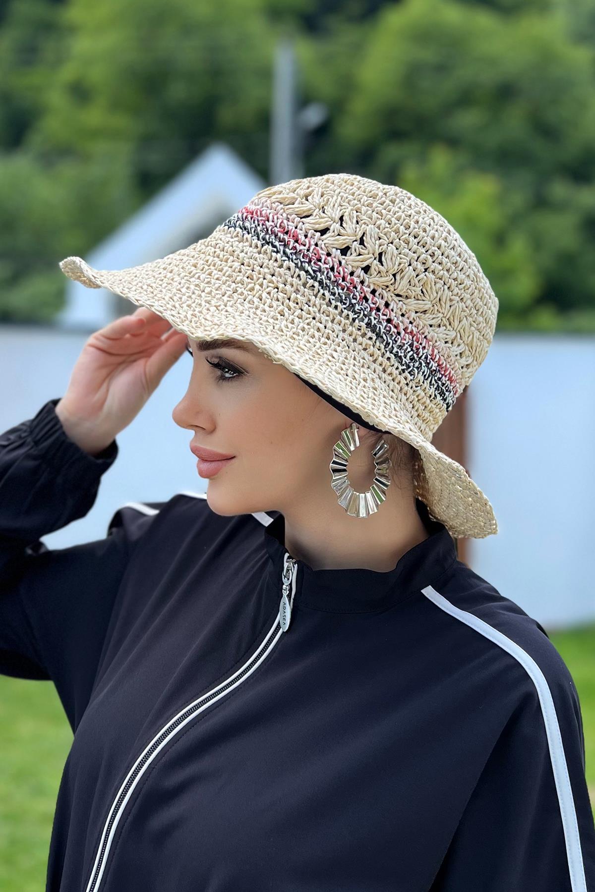 El Örgü Hasır Şapka RŞ-85 Bej