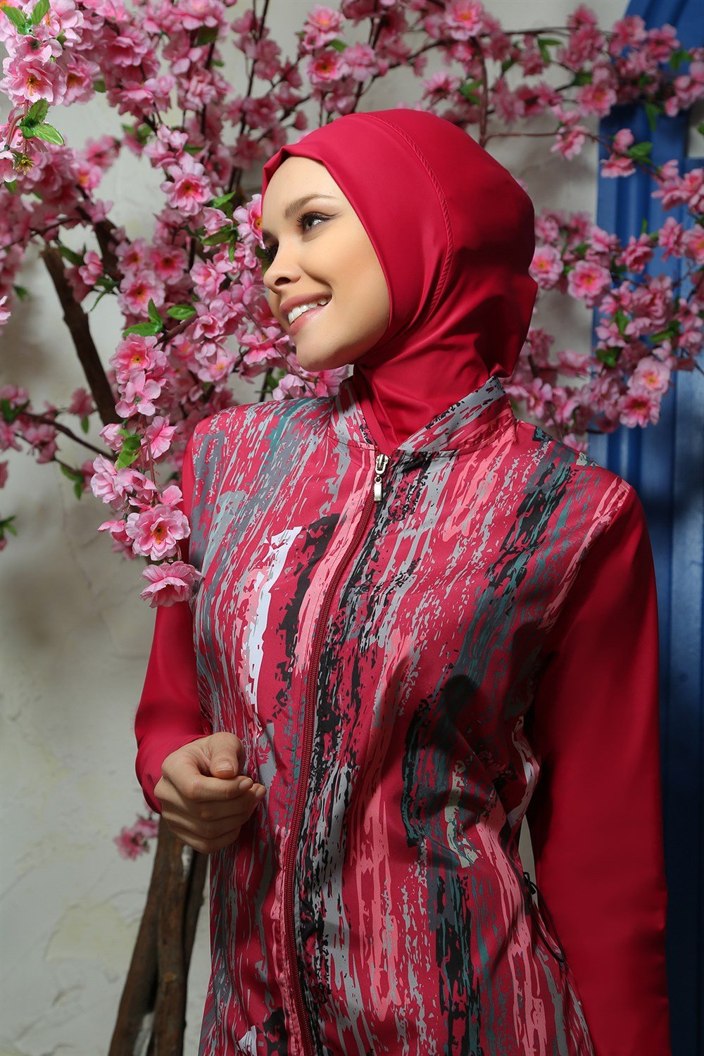 Emayo Tam Kapalı Tesettür Mayo Deniz Mayosu 2003 Desenli Ruken Bordo 2