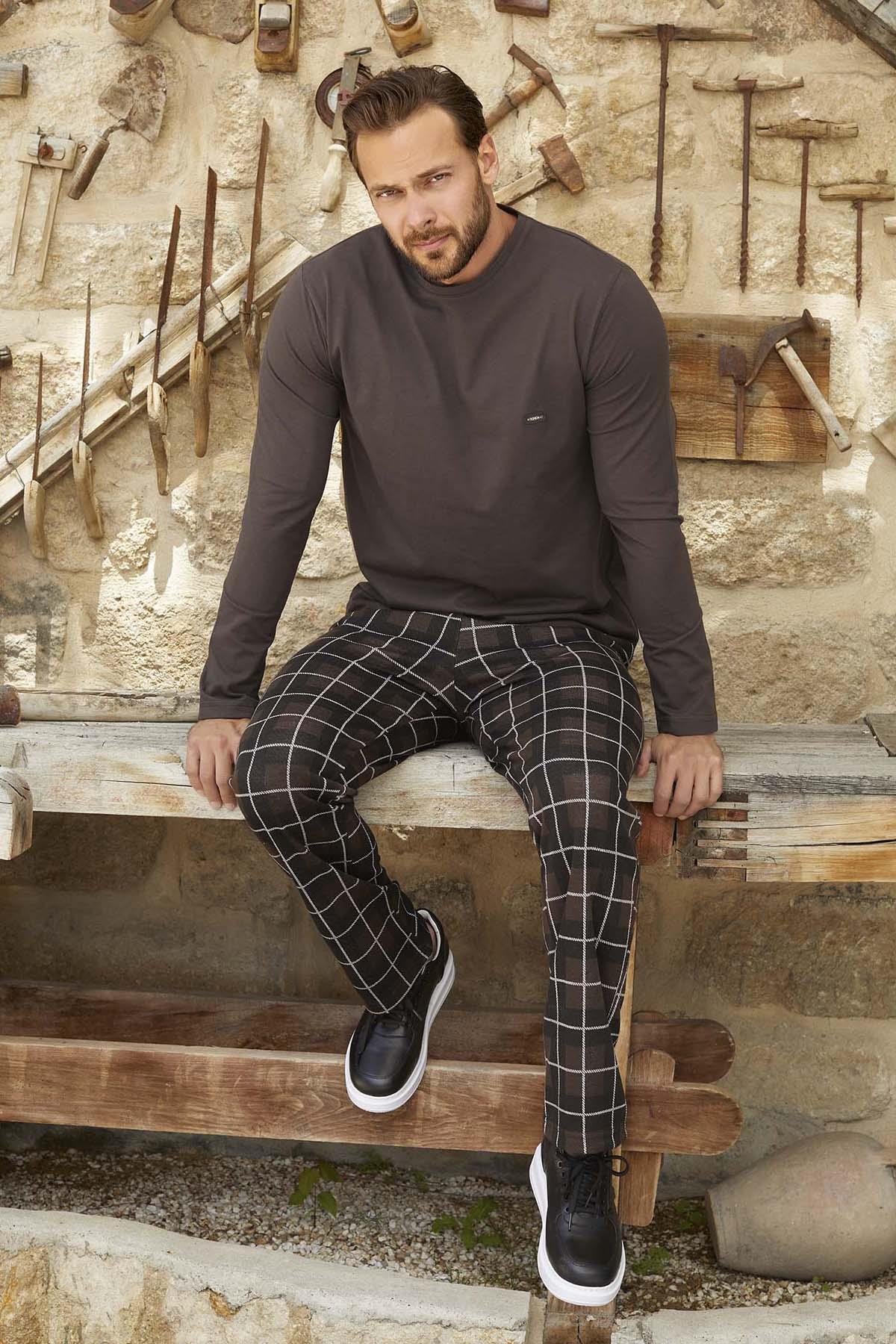 Erkek Aydoğan Jakar Uzun Kol Pijama Takımı 3384 Kahverengi01