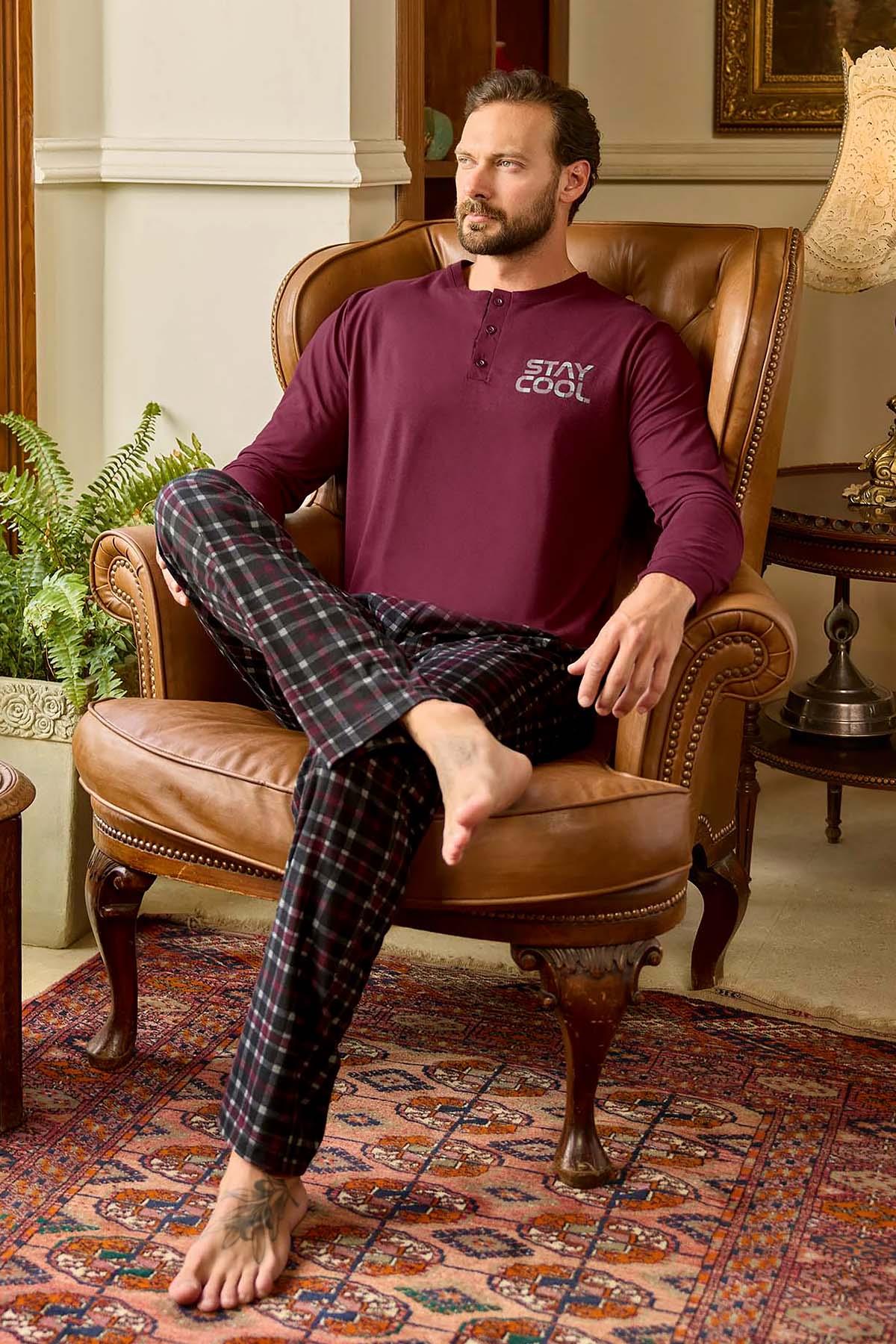 Erkek Aydoğan Pamuk Uzun Kol Pijama Takımı 240787 Bordo