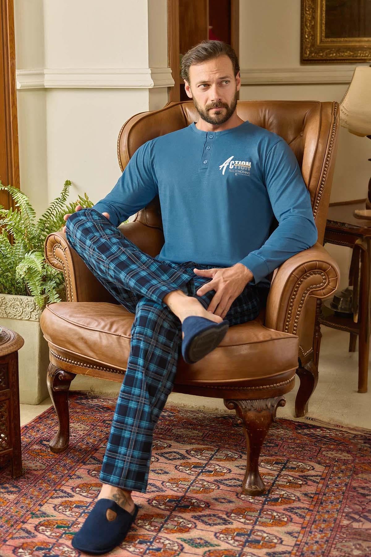Erkek Aydoğan Pamuklu Süprem Pijama Takımı 240790 İndigo