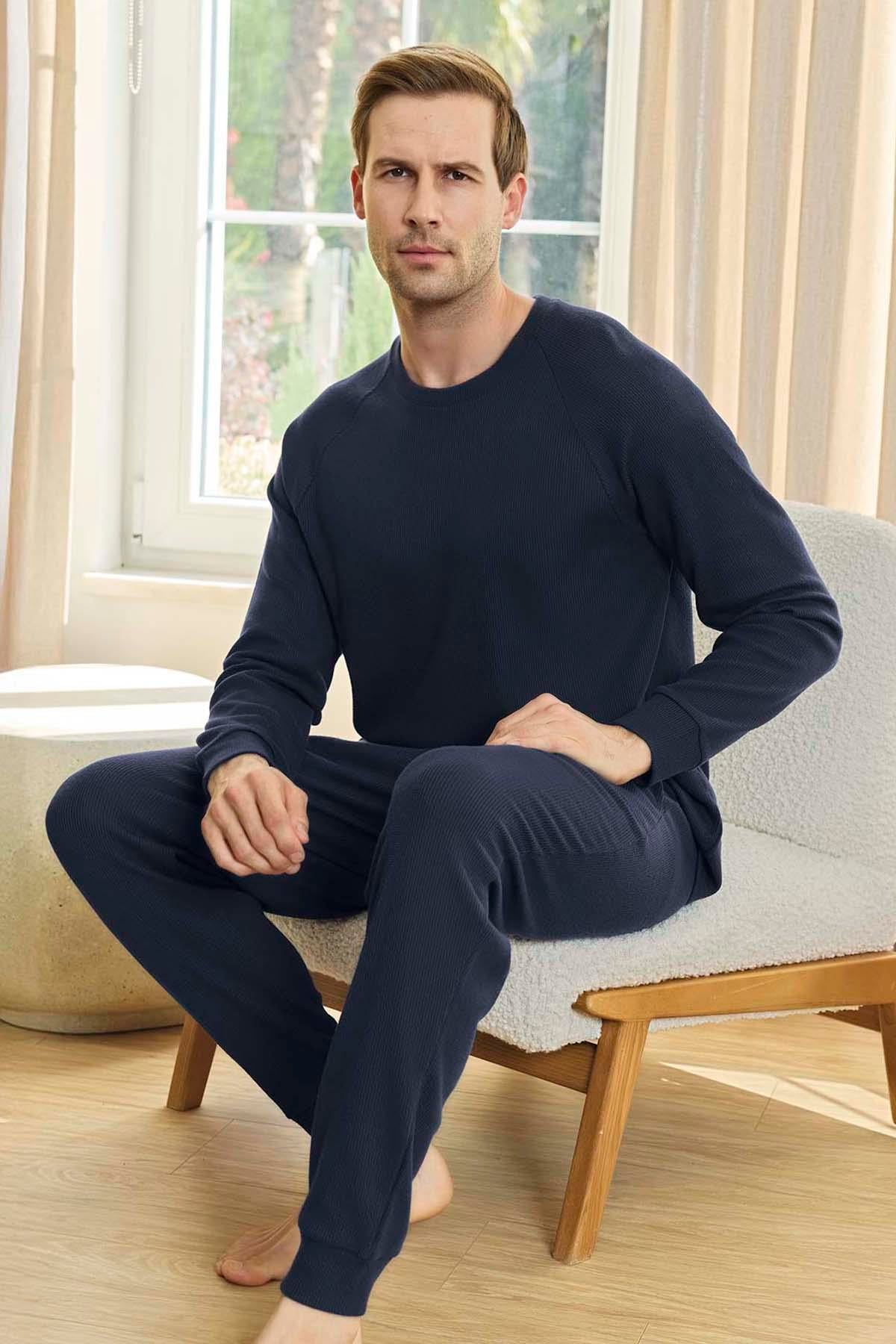 Erkek Aydoğan Waffle Uzun Kol Pijama Takımı 250651 Lacivert06