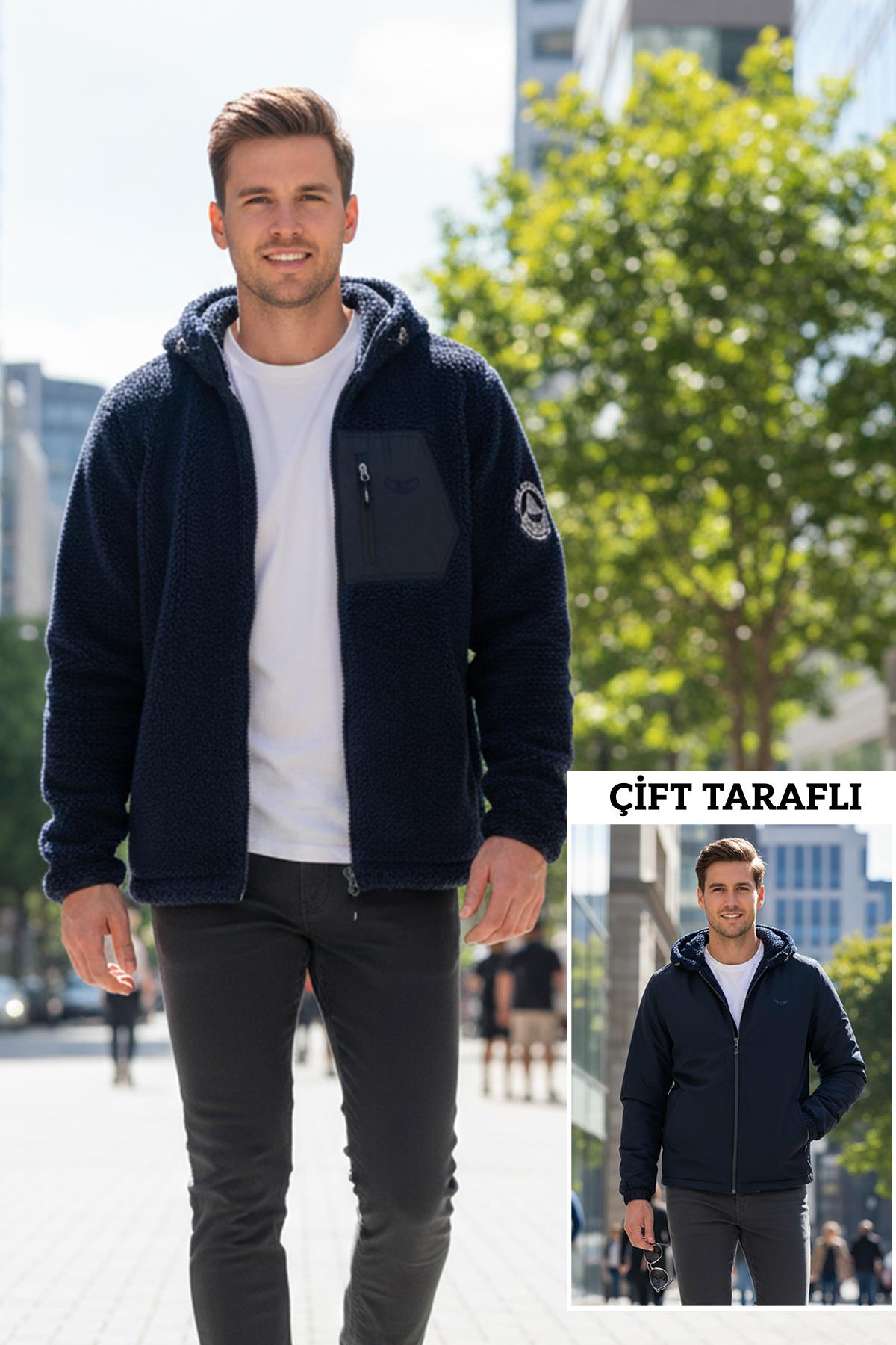 Erkek Çift Taraflı Kapüşonlu Peluş Mont Ceket 25725 Koyu Lacivert