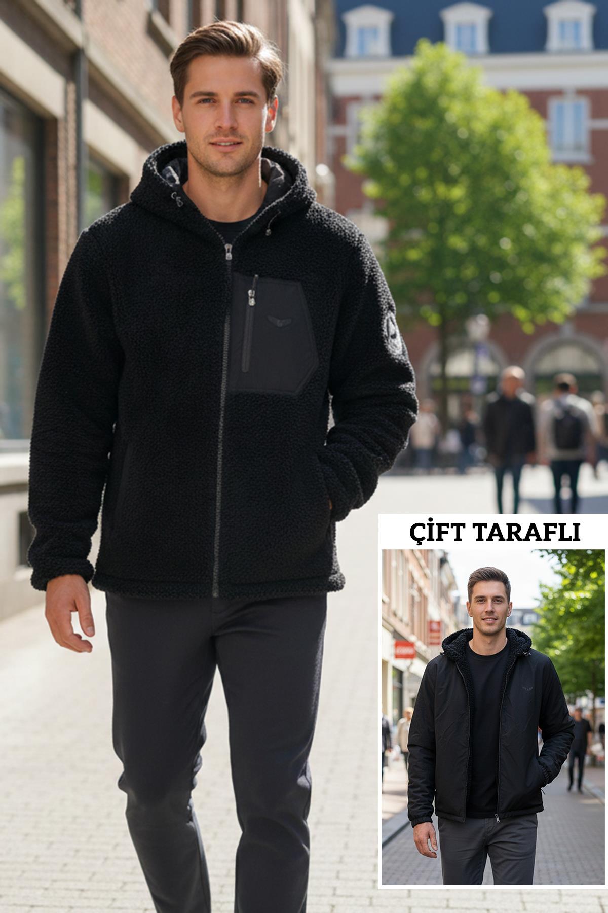 Erkek Çift Taraflı Kapüşonlu Peluş Mont Ceket 25725 Siyah