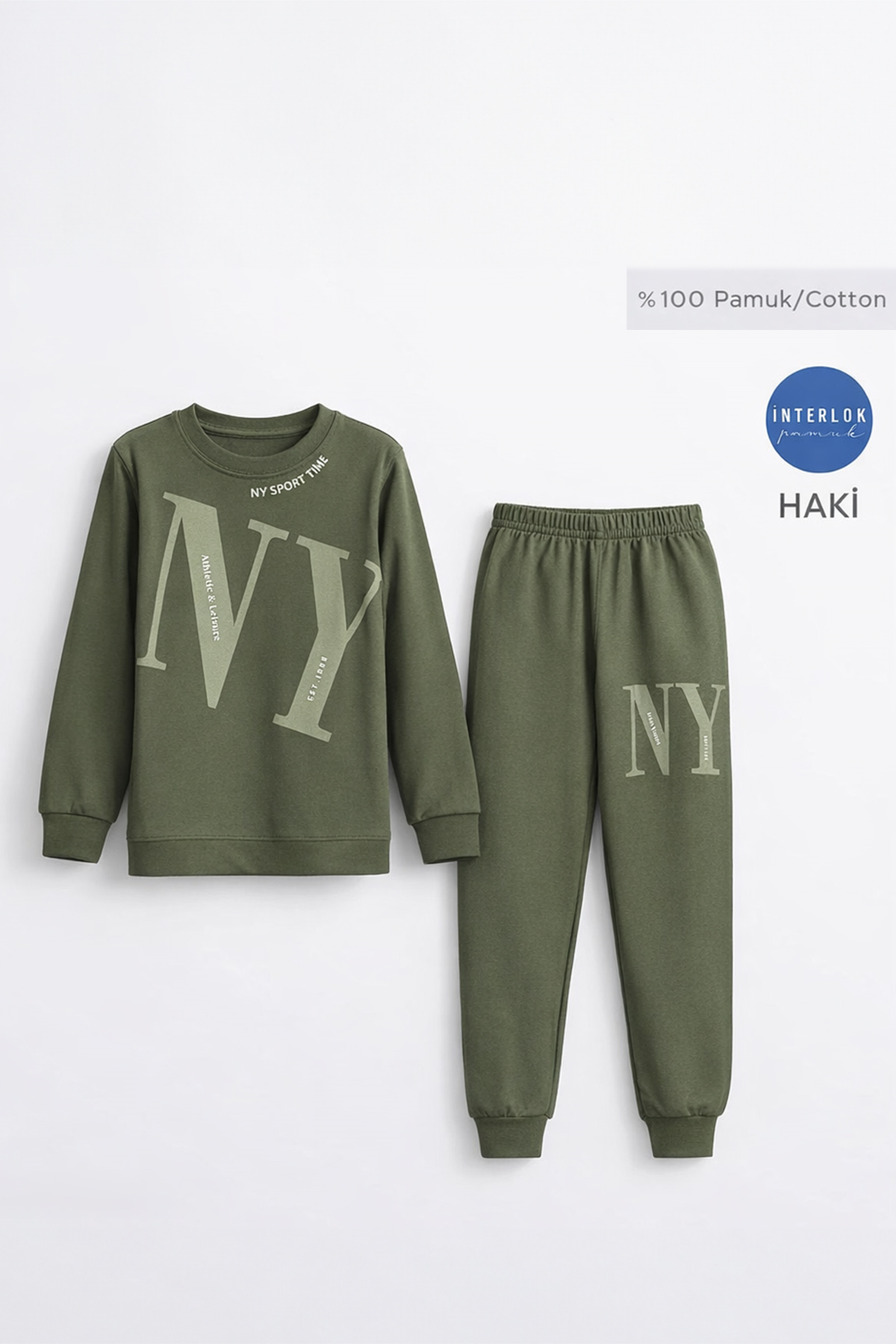 Erkek Çocuk Garson Boy Manşetli Pamuk Penye Pijama Takımı 4104 Haki01