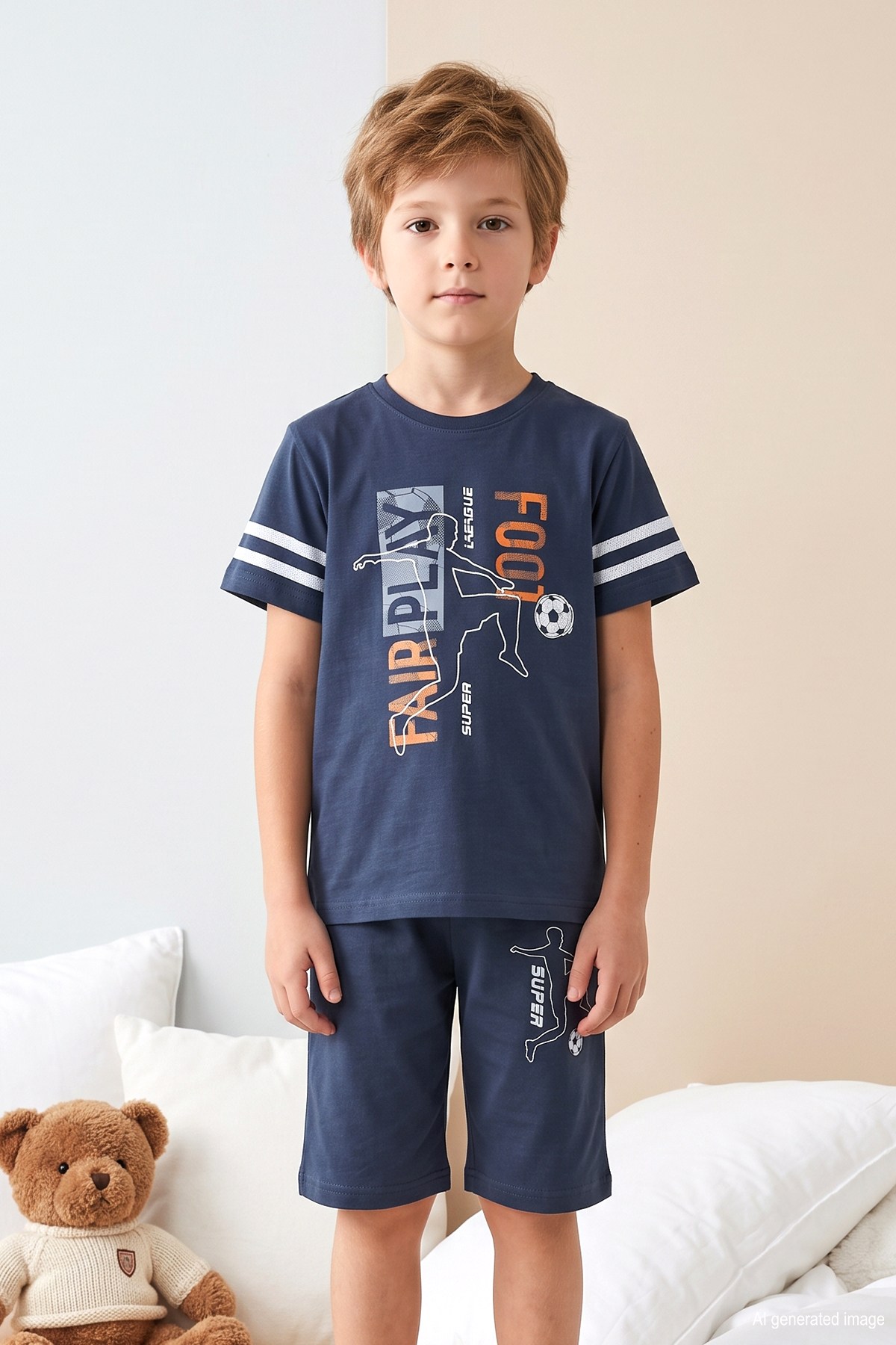 Erkek Çocuk Kısa Kol Şortlu Penye Pijama Takımı 4245 İndigo01