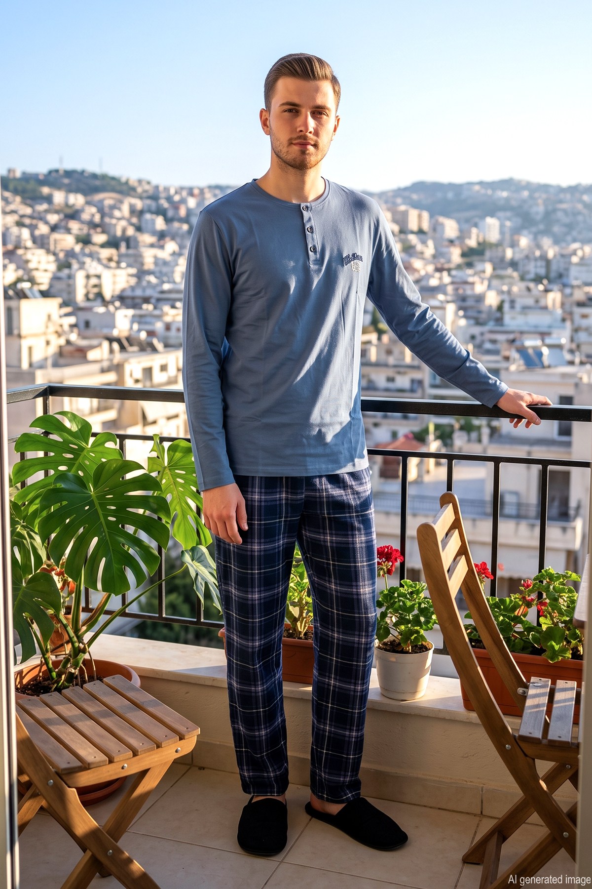 Erkek Ekose Desen Suprem Pijama Takımı 2318 Mavi