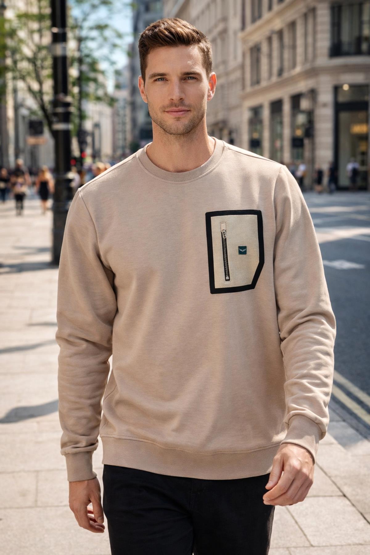 Erkek Fermuar Detay Bisiklet Yaka Pamuklu Sweatshirt 24722 Bej