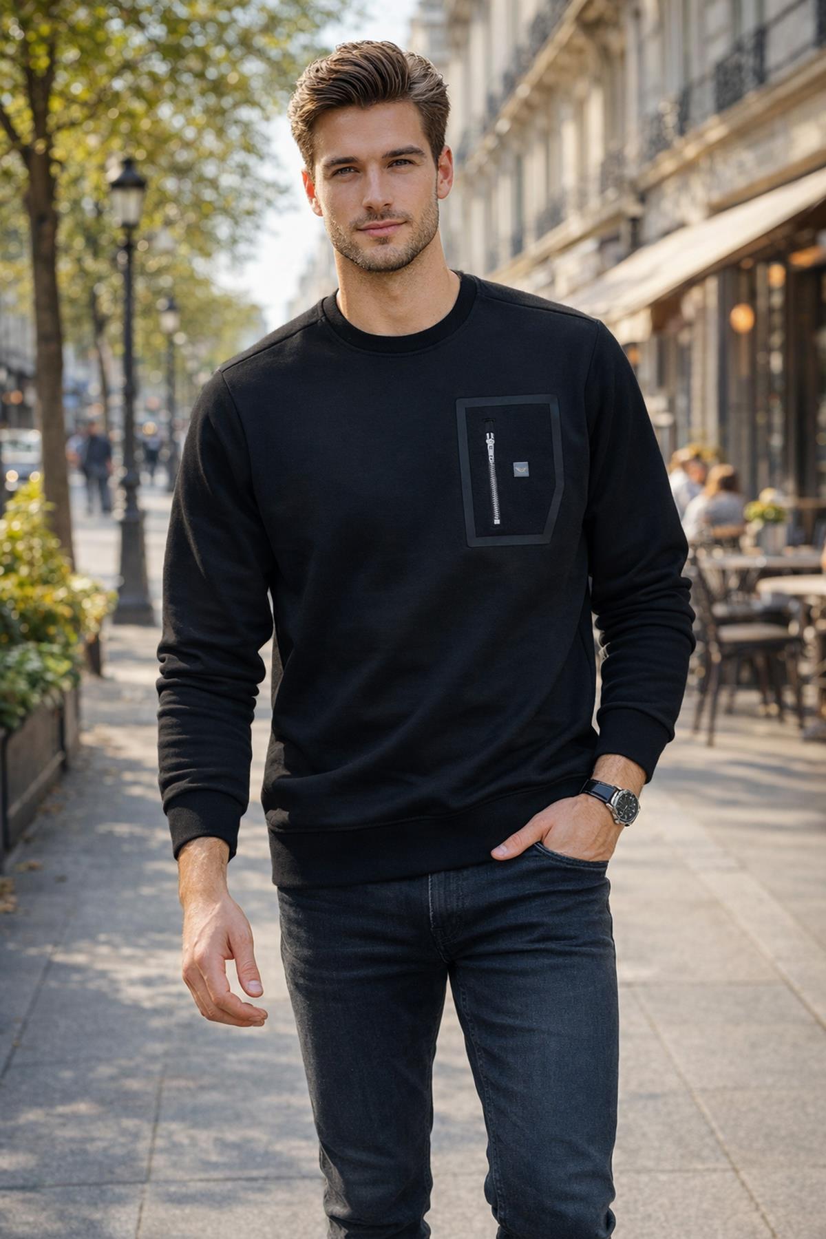 Erkek Fermuar Detay Bisiklet Yaka Pamuklu Sweatshirt 24722 Siyah