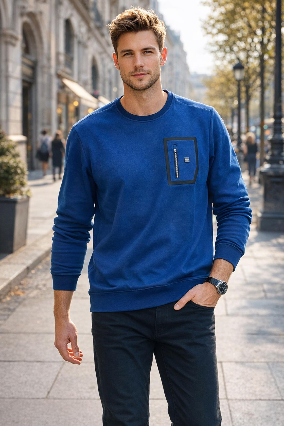 Erkek Fermuar Detay Bisiklet Yaka Pamuklu Sweatshirt 24722 İndigo