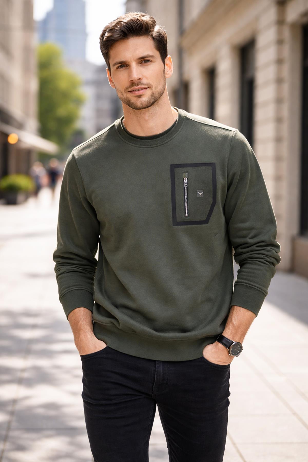 Erkek Fermuar Detay Bisiklet Yaka Pamuklu Sweatshirt 24722 Haki