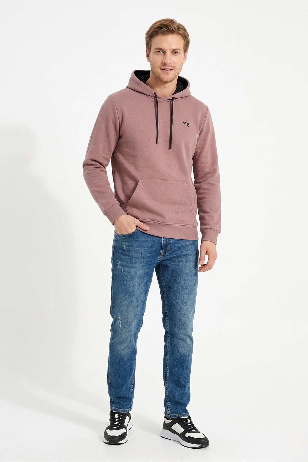 Erkek İçi Şardonlu Kapüşonlu Pamuklu Sweat 7090 Vizon