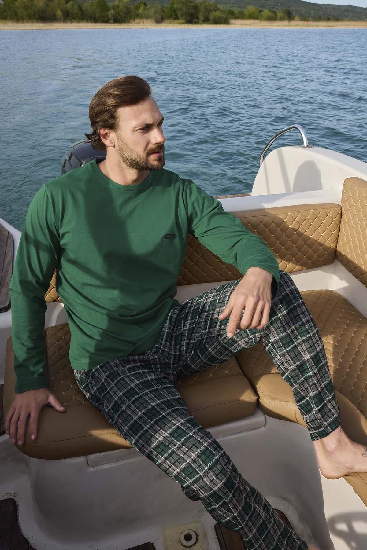 Erkek Jakarlı Uzun Kol Pijama Takımı 3452 Yeşil