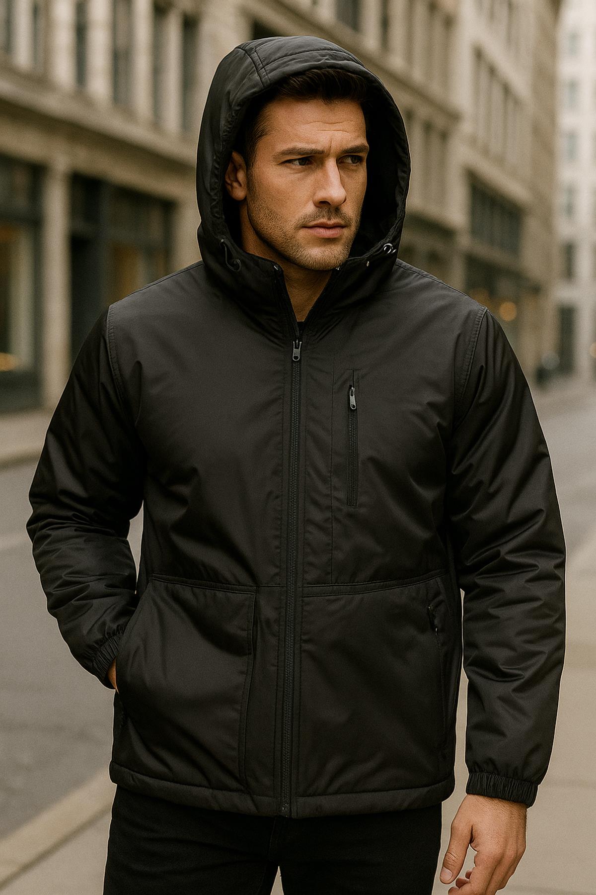 Erkek Kapüşonlu Cep Detaylı İçi Polar Kışlık Mont 2571 Siyah