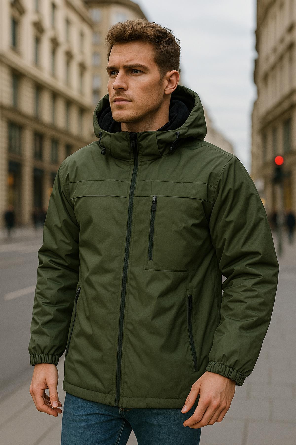 Erkek Kapüşonlu Cep Detaylı İçi Polar Kışlık Mont 2540 Haki