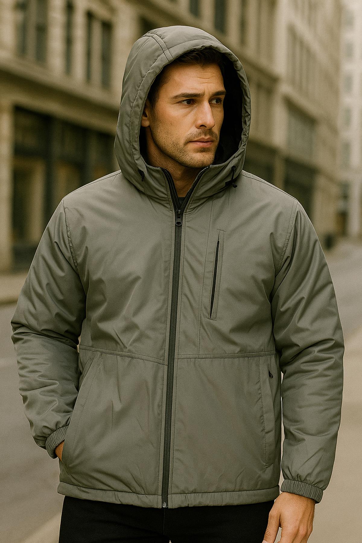 Erkek Kapüşonlu Cep Detaylı İçi Polar Kışlık Mont 2571 Haki