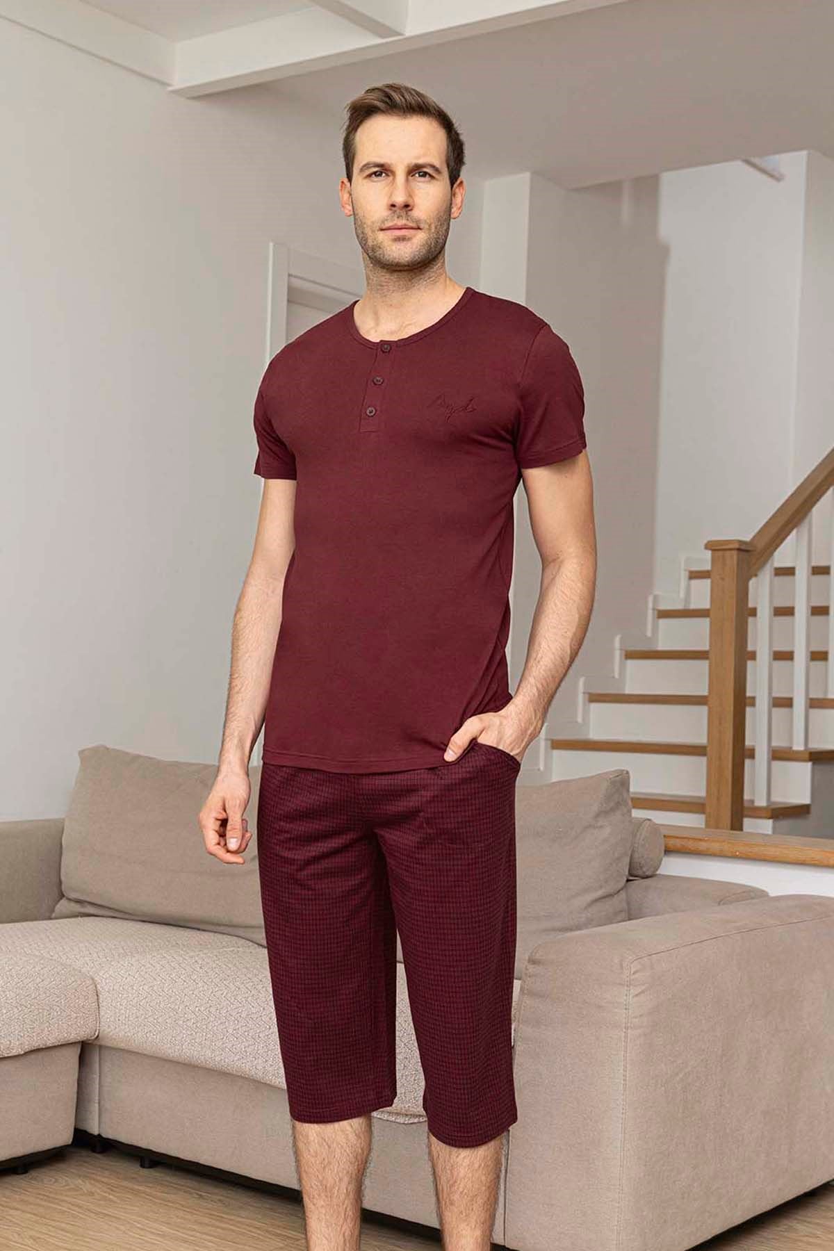 Erkek Kısa Kol Kaprili Modal Pijama Takımı 260027 Bordo
