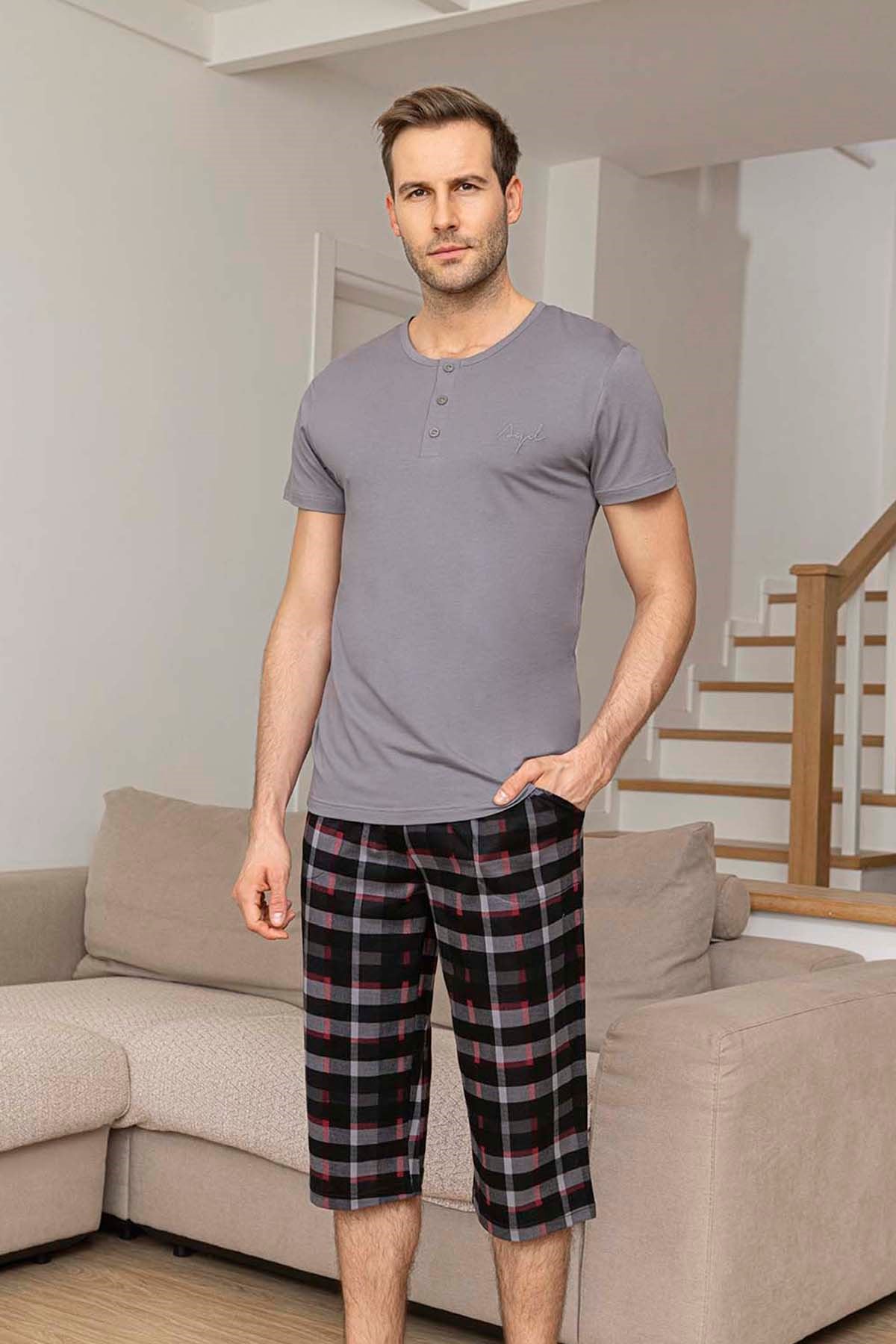 Erkek Kısa Kol Kaprili Modal Pijama Takımı 260026 Gri