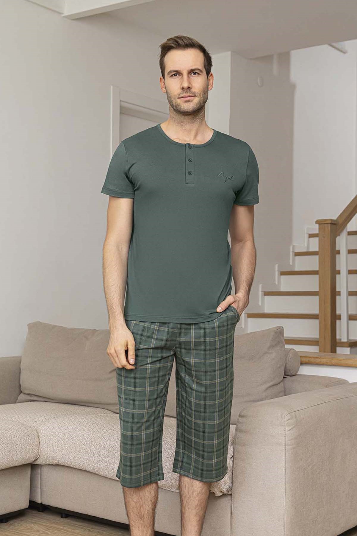 Erkek Kısa Kol Kaprili Modal Pijama Takımı 260032 Açık Haki