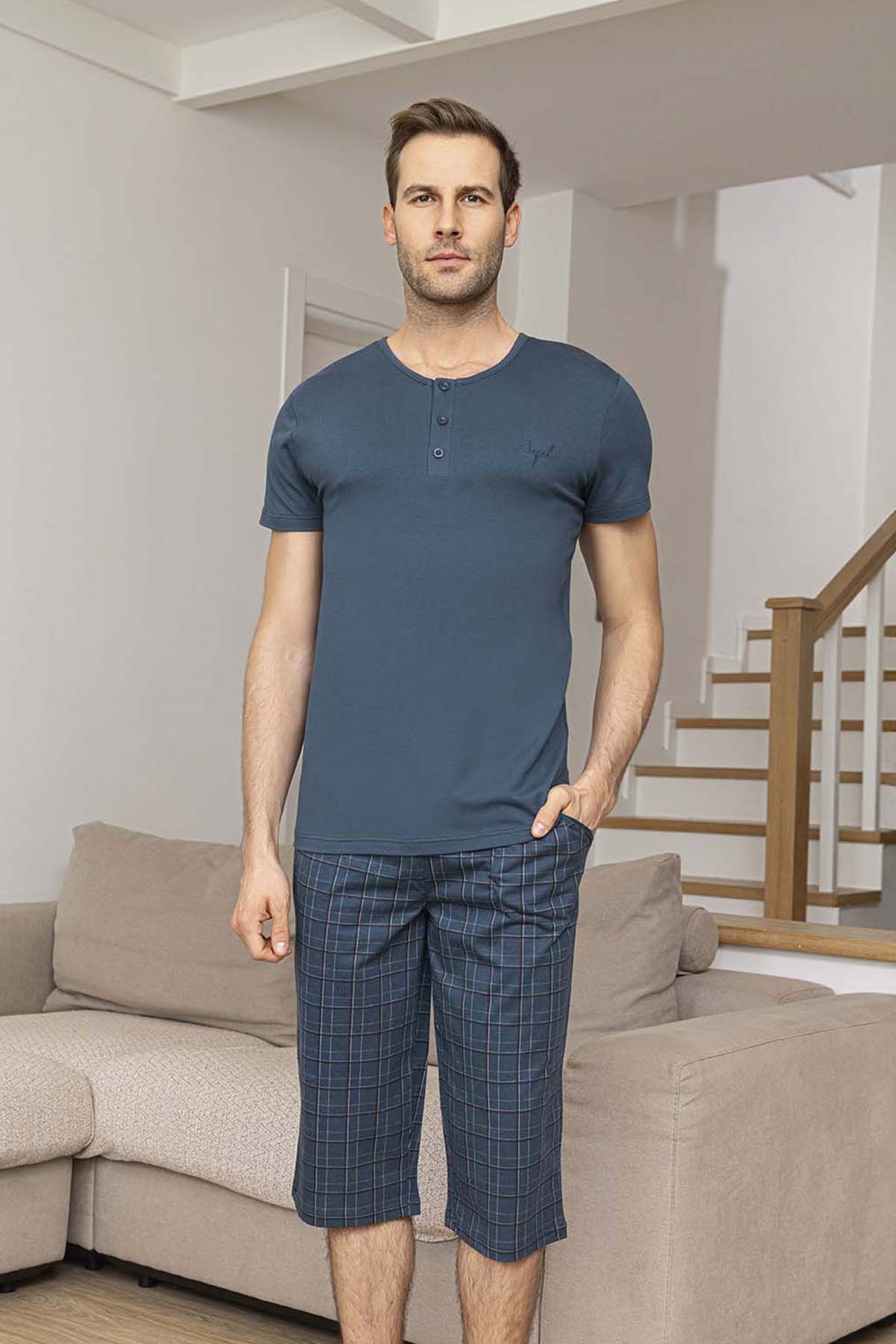 Erkek Kısa Kol Kaprili Modal Pijama Takımı 260025 İndigo01