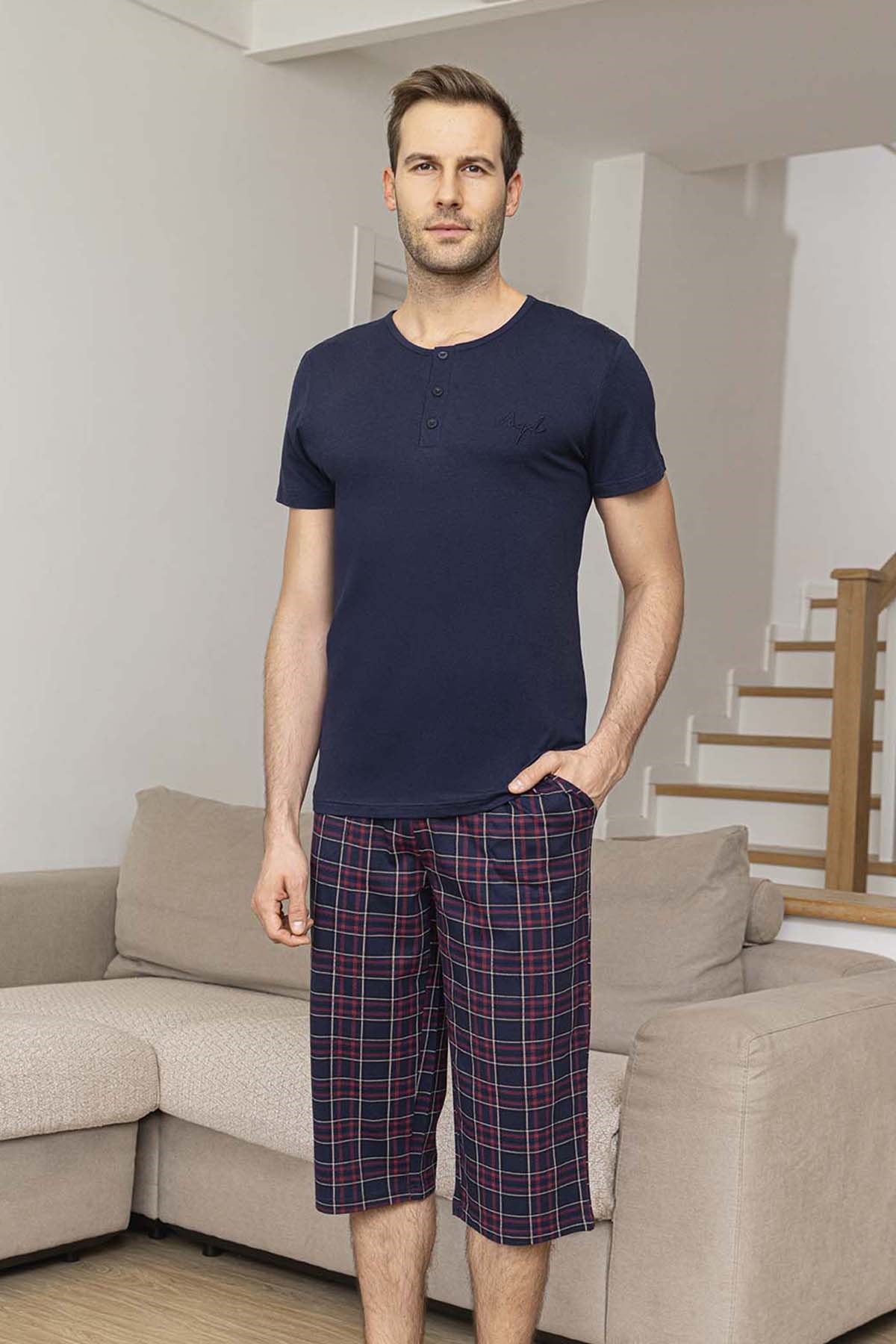 Erkek Kısa Kol Kaprili Modal Pijama Takımı 260031 Lacivert01