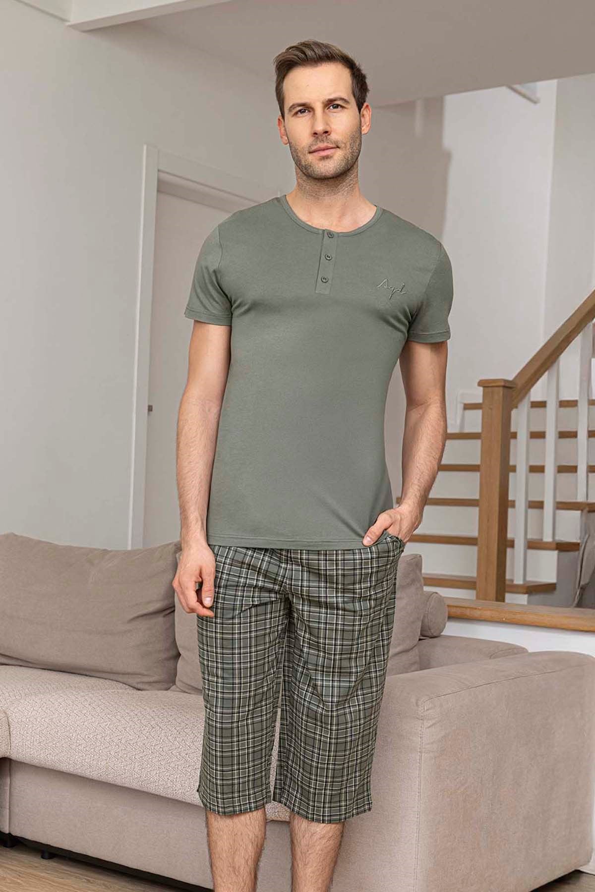 Erkek Kısa Kol Kaprili Modal Pijama Takımı 26008 Çağla Yeşili