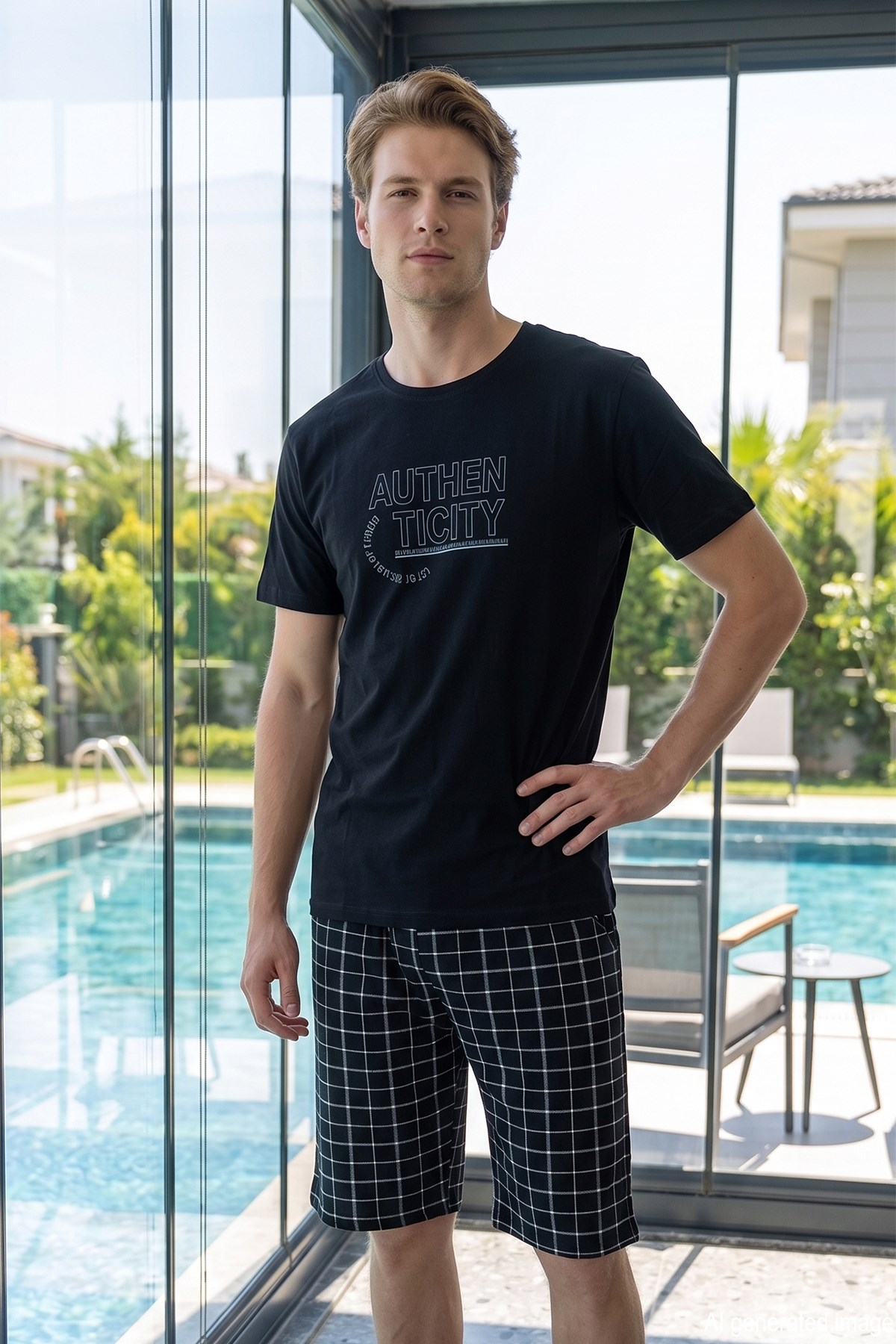 Erkek Kısa Kol Kaprili Süprem Kumaş Pijama Takımı 2382 Siyah