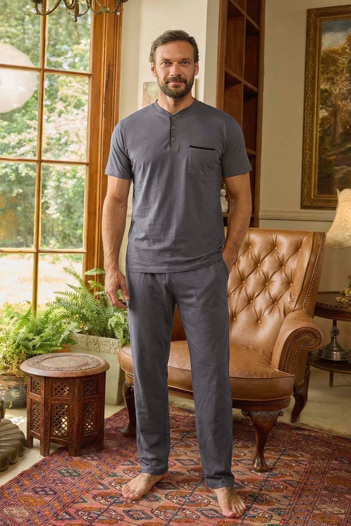 Erkek Kısa Kol Pamuklu Pijama Takımı 260424 Füme