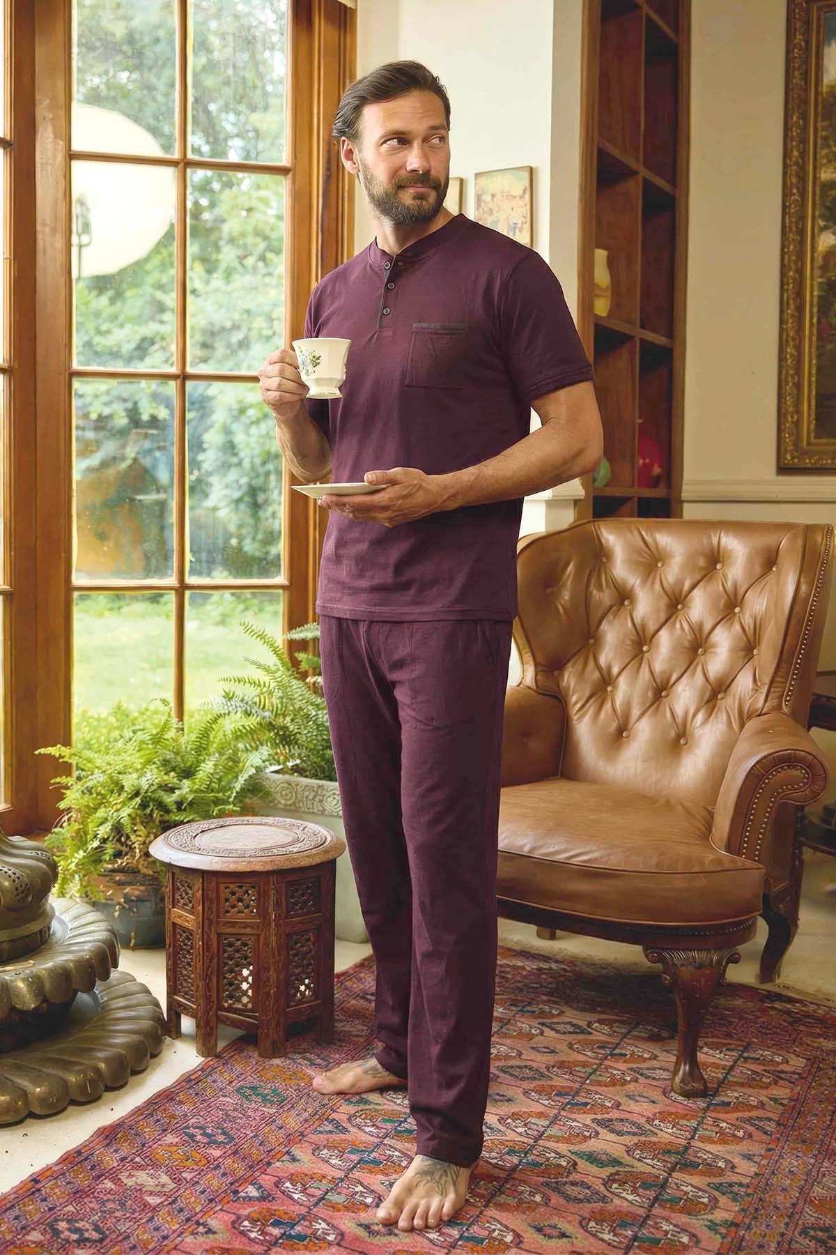 Erkek Kısa Kol Pamuklu Pijama Takımı 260425 Bordo02