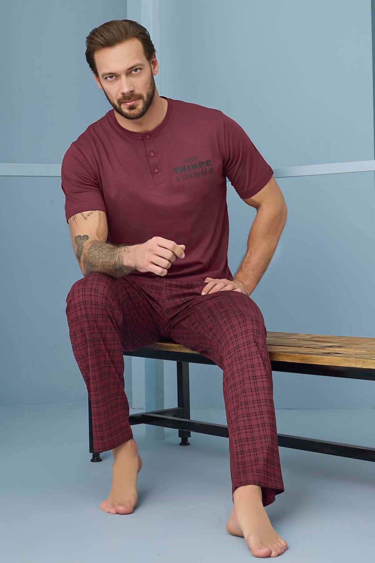Erkek Kısa Kol Pamuklu Pijama Takımı 7969 Bordo01