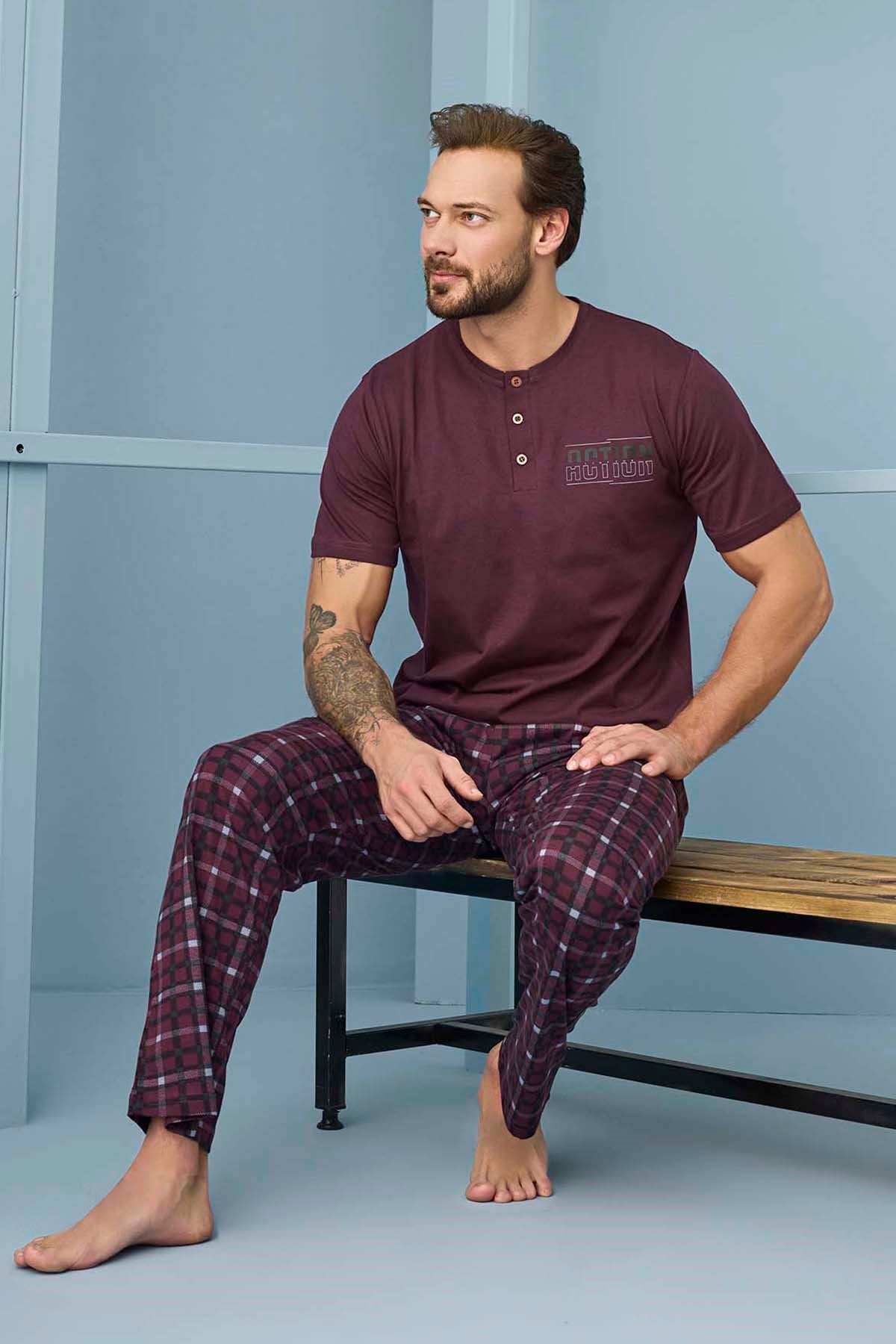 Erkek Kısa Kol Pamuklu Pijama Takımı 7945 Bordo