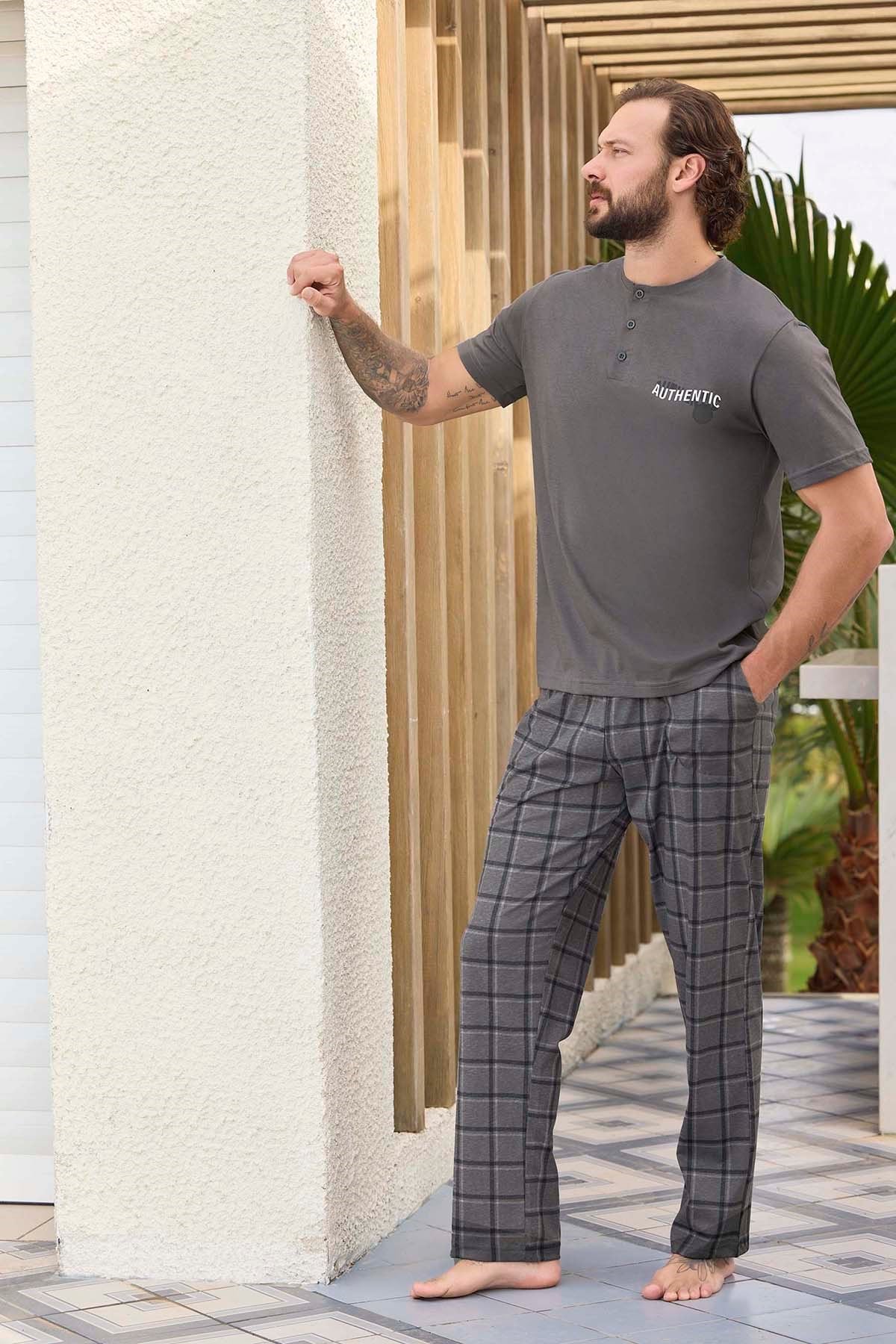 Erkek Kısa Kol Pamuklu Suprem Pijama Takımı 240328 Antrasit