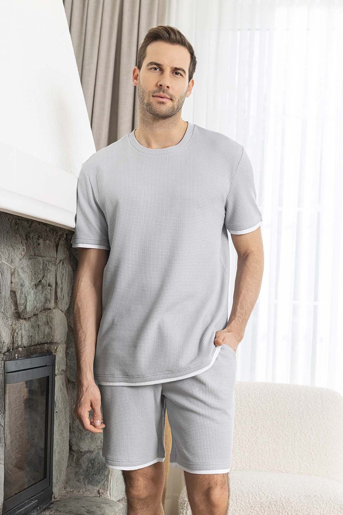 Erkek Kısa Kol Şort Biye Detay Waffle Kumaş Pijama Takımı 260103 Açık Gri